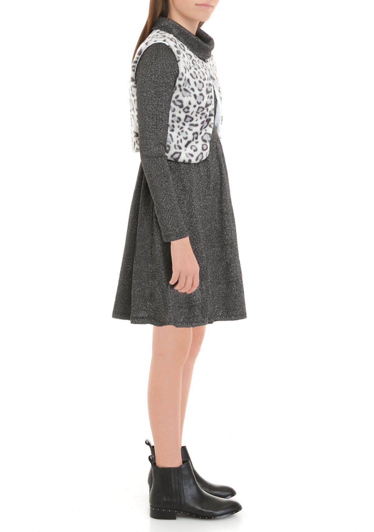 Girls 7-16 Knit Cowl Neck Dress with Animal Print Fur Vest Set