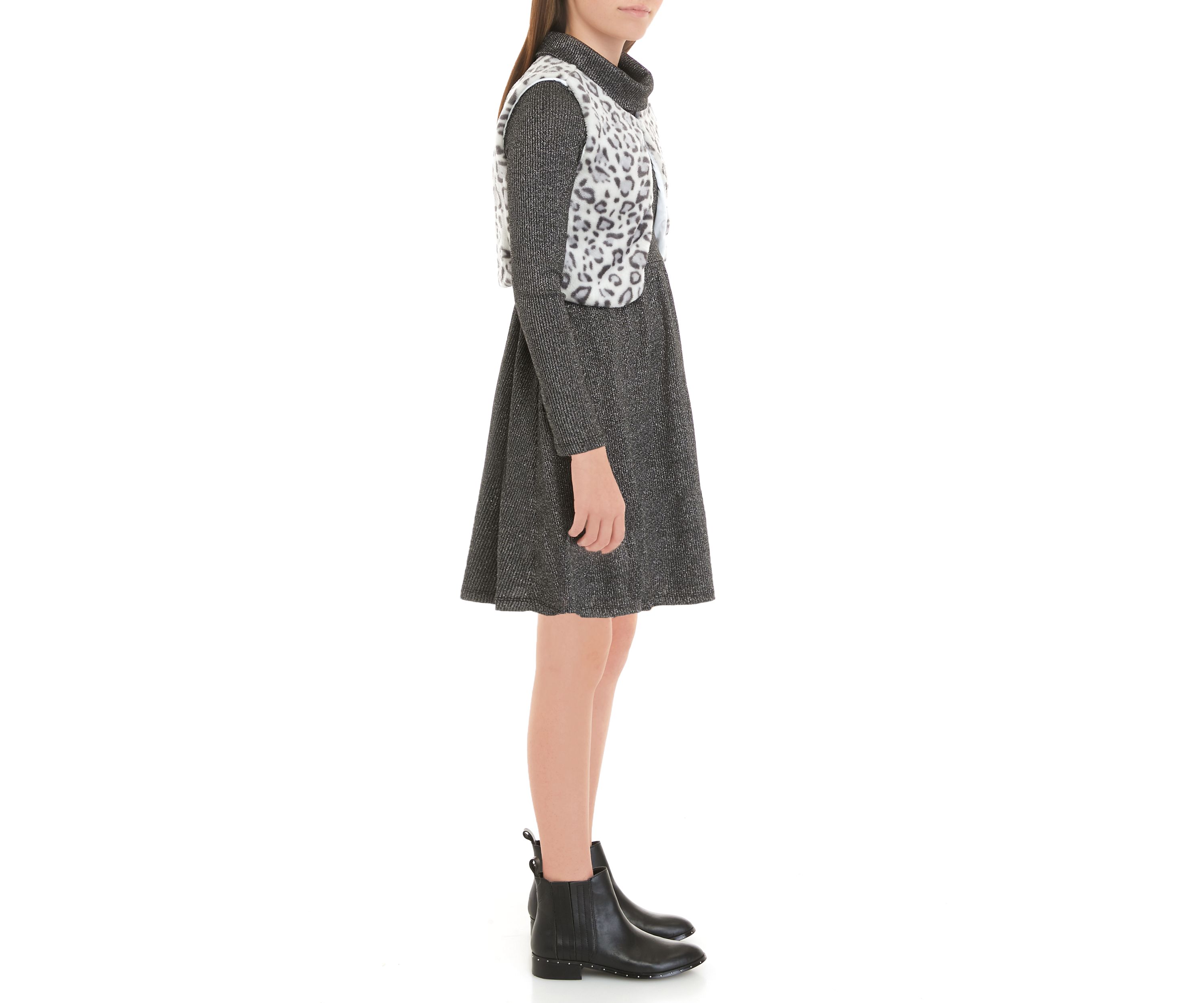 Girls 7-16 Knit Cowl Neck Dress with Animal Print Fur Vest Set