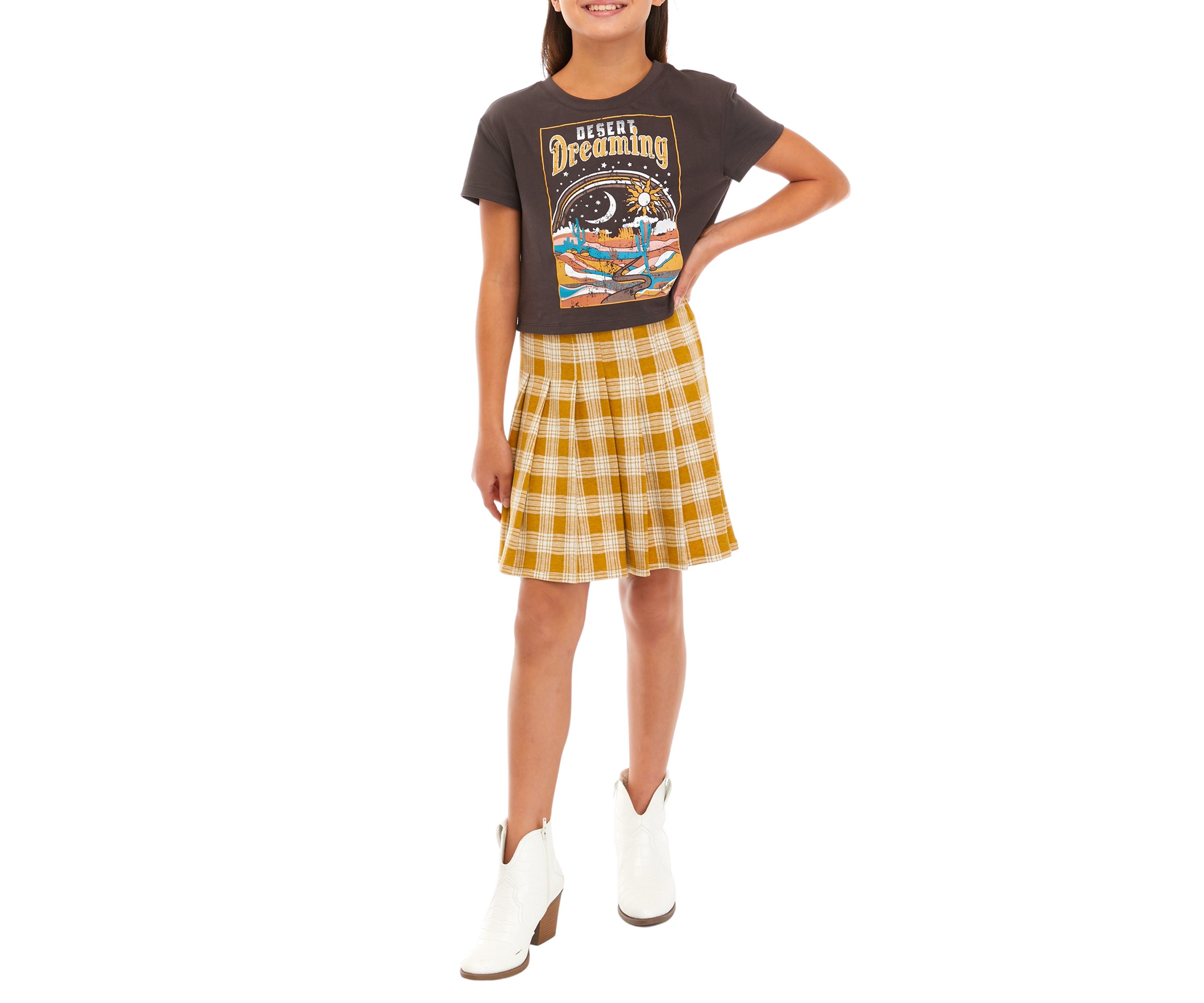 Girls 7-16 Graphic T-Shirt and Woven Cheerleader Skirt Set