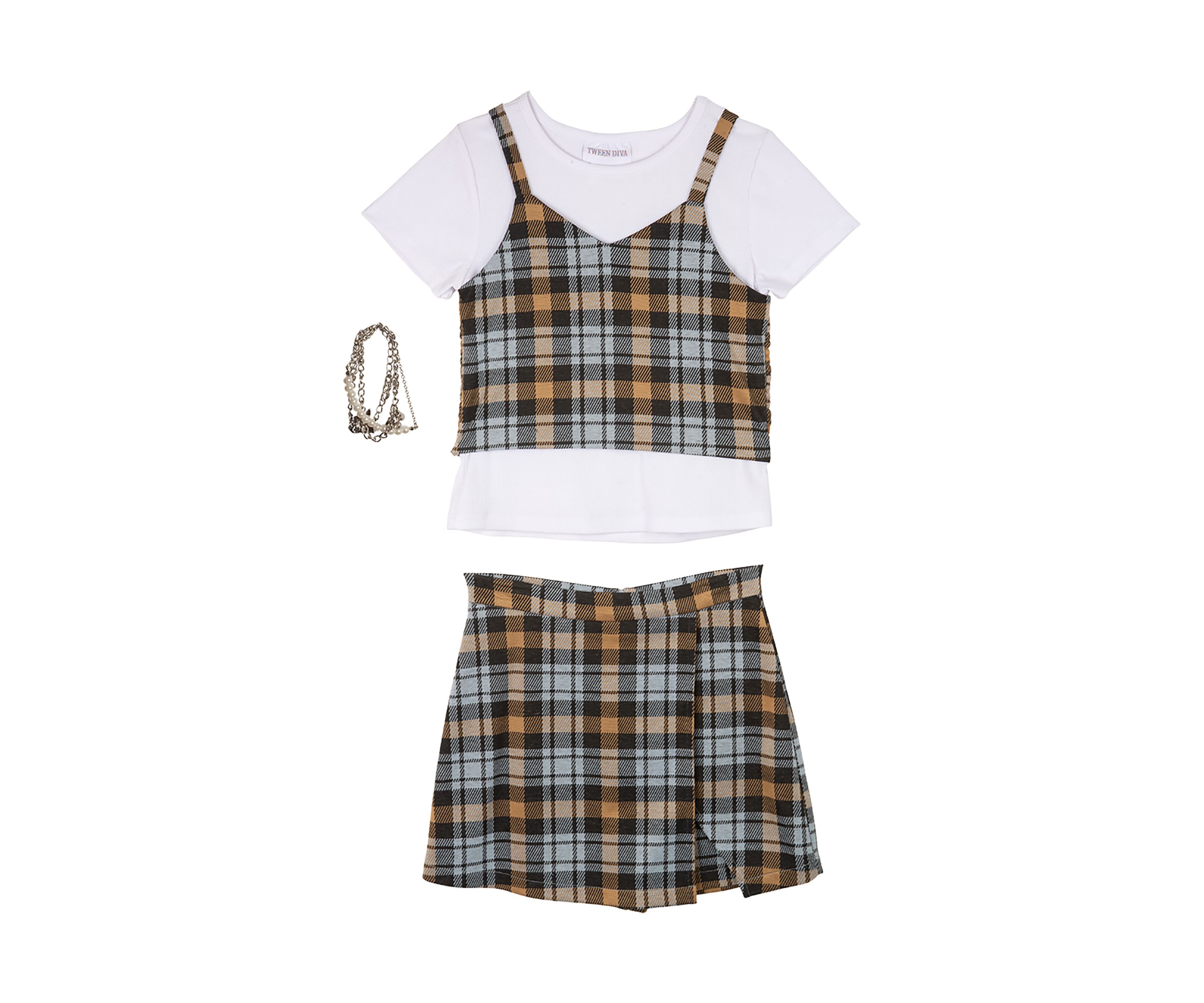 Girls 7-16 Knit Plaid Strappy Top and Skort Set 