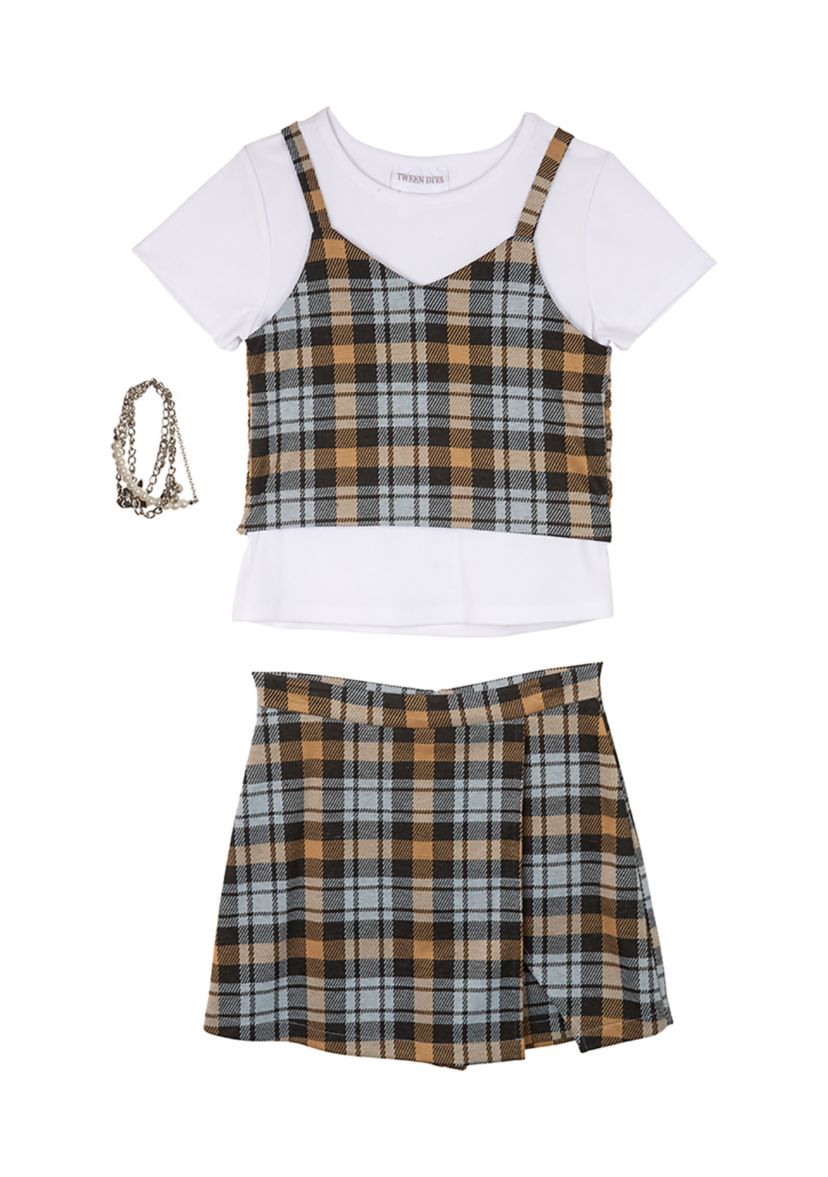 Girls 7-16 Knit Plaid Strappy Top and Skort Set 