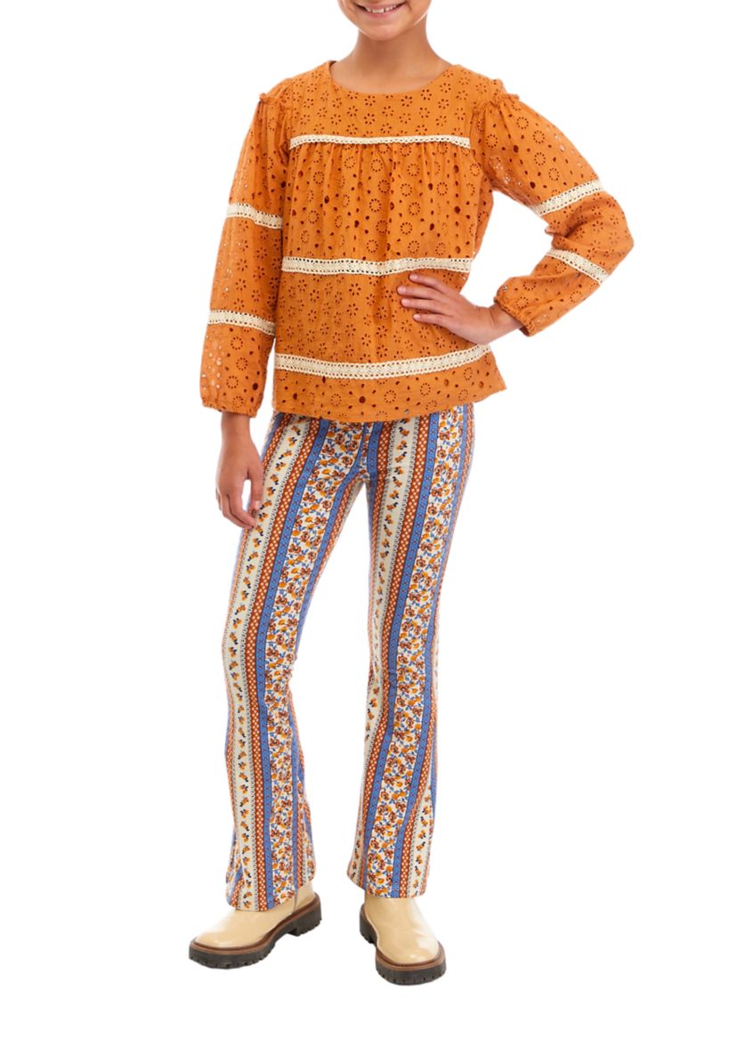 Girls 7-16 Eyelet Mixed Media Top and Pants Set