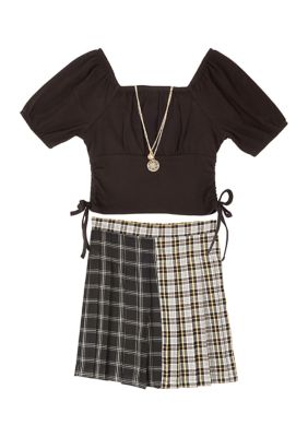 Tween Diva Girls 7-16 Ribbed Knit Puff Sleeve Top and Color Block Skirt with Necklace, Black