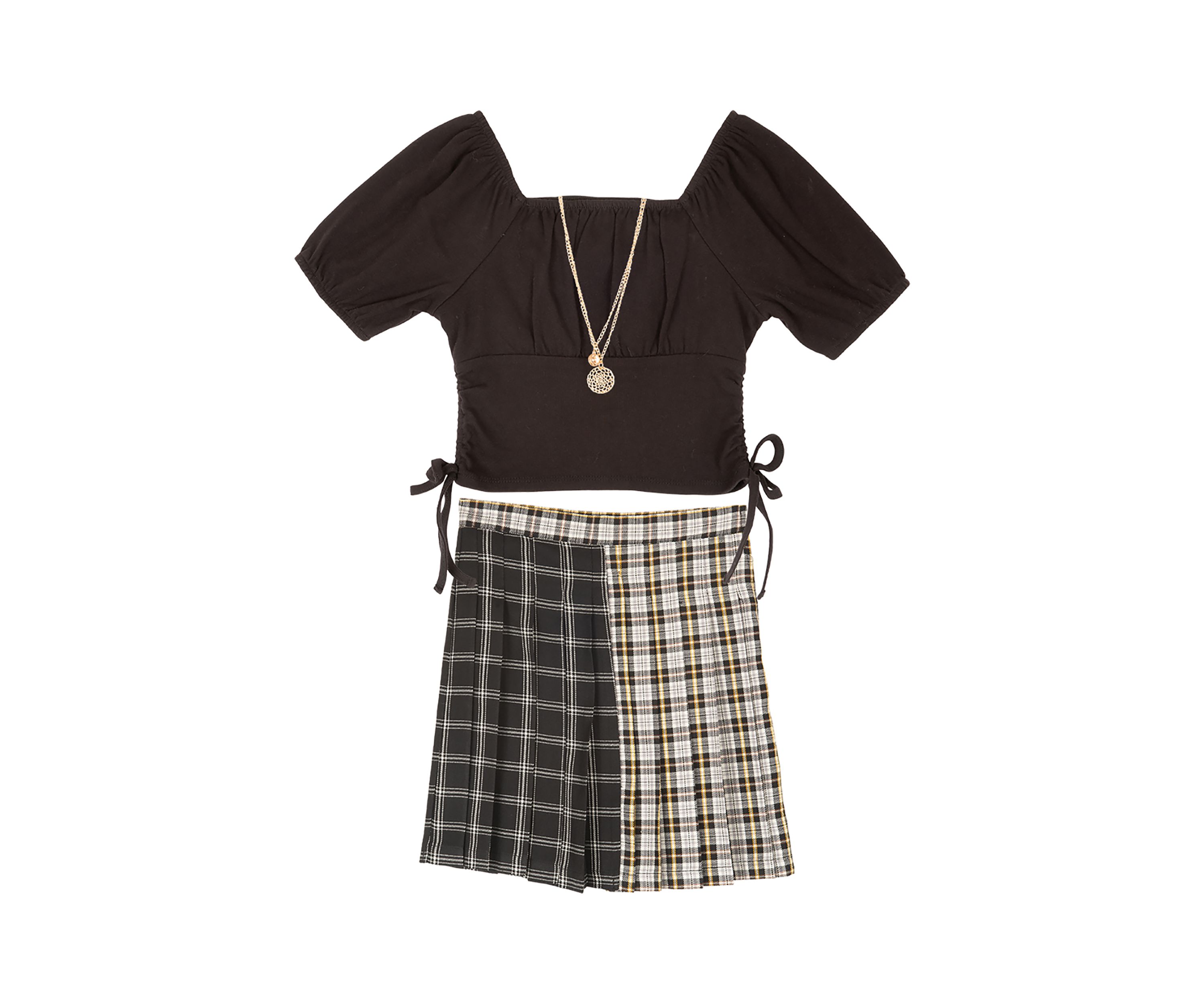 Girls 7-16 Ribbed Knit Puff Sleeve Top and Color Block Skirt with Necklace
