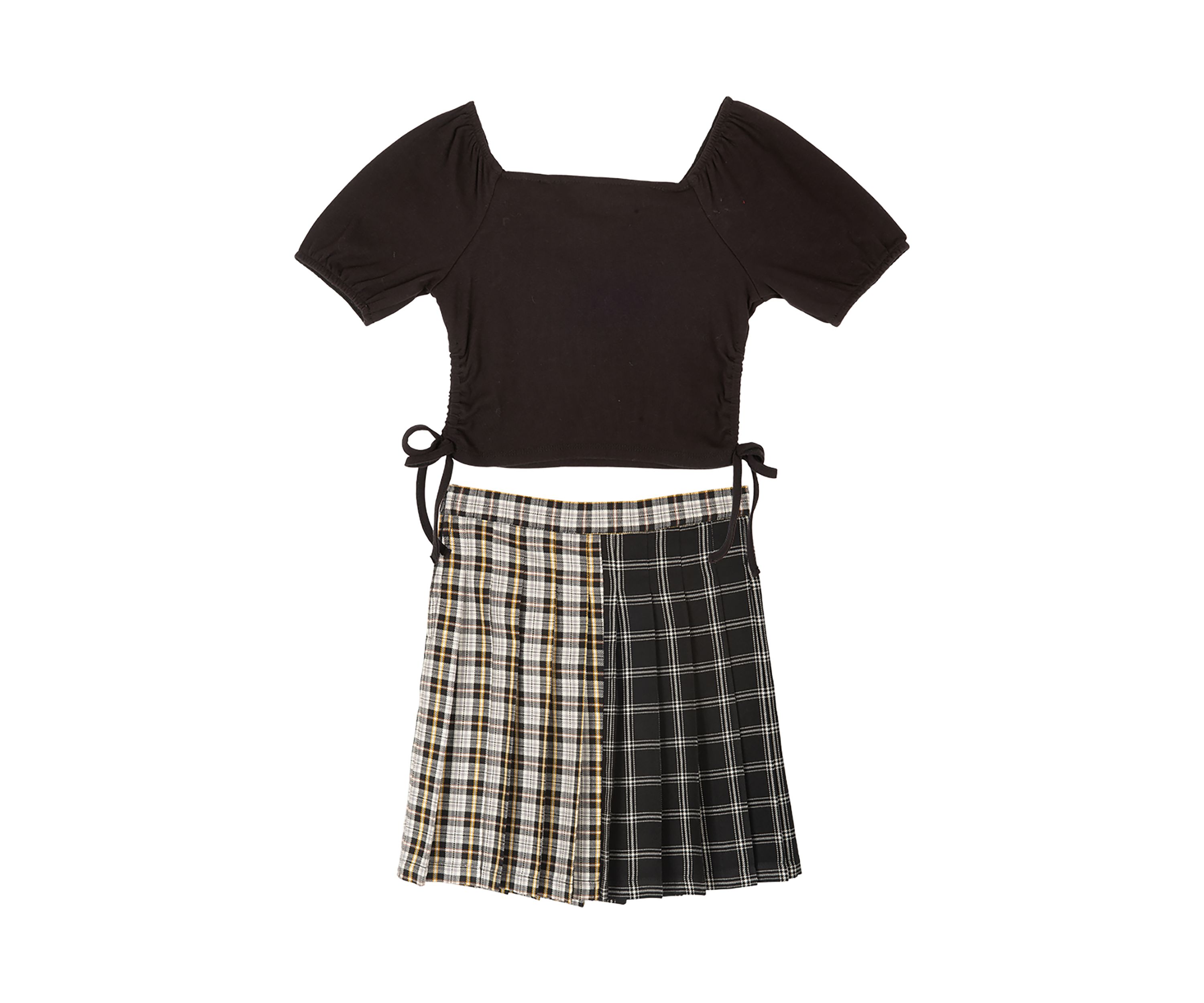 Girls 7-16 Ribbed Knit Puff Sleeve Top and Color Block Skirt with Necklace
