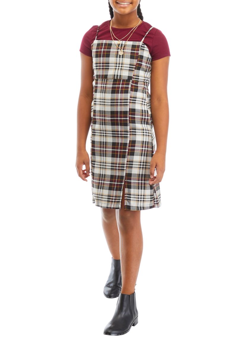 Girls 7-16 Short Sleeve T-Shirt and Plaid Jumper Set