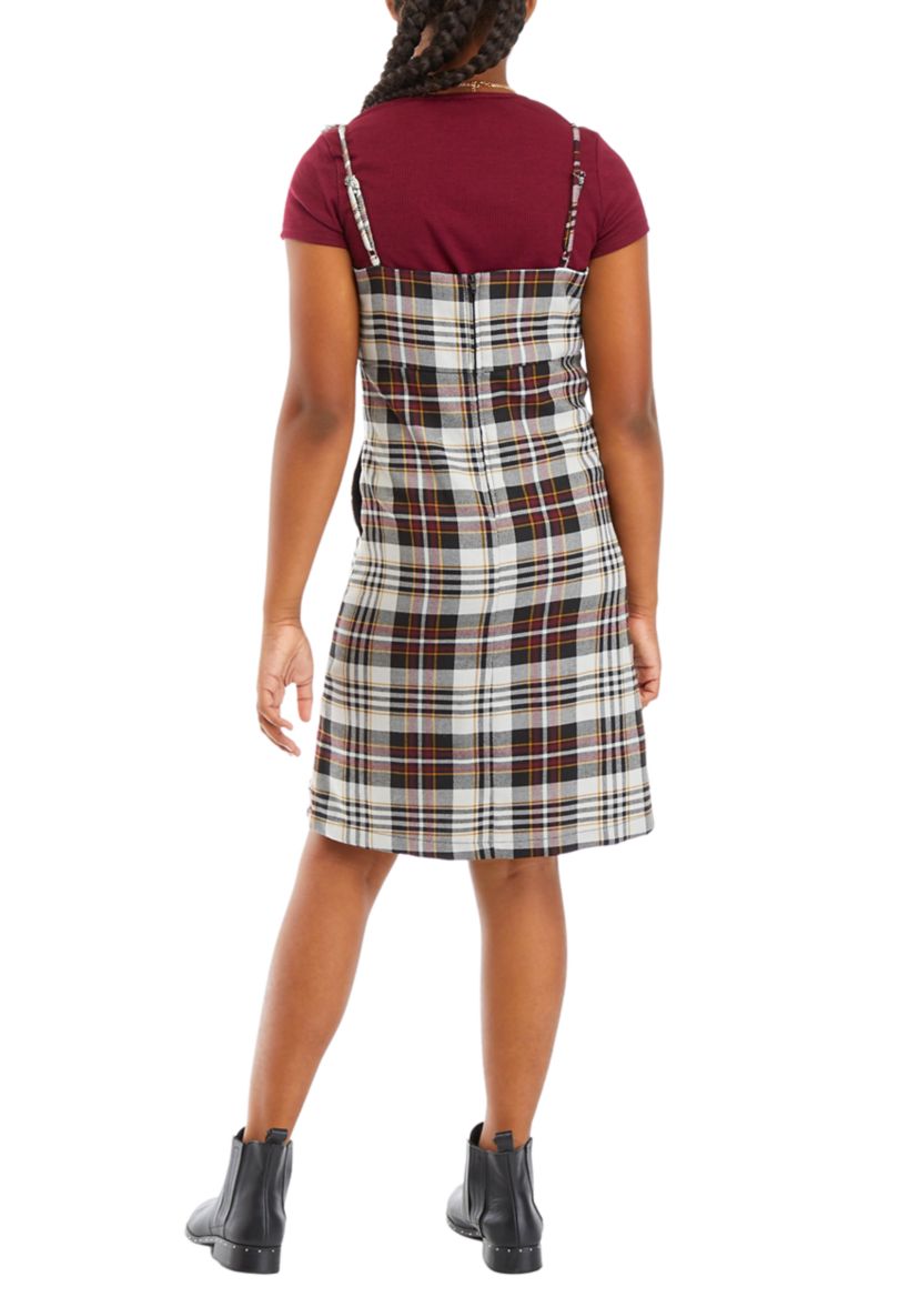 Girls 7-16 Short Sleeve T-Shirt and Plaid Jumper Set