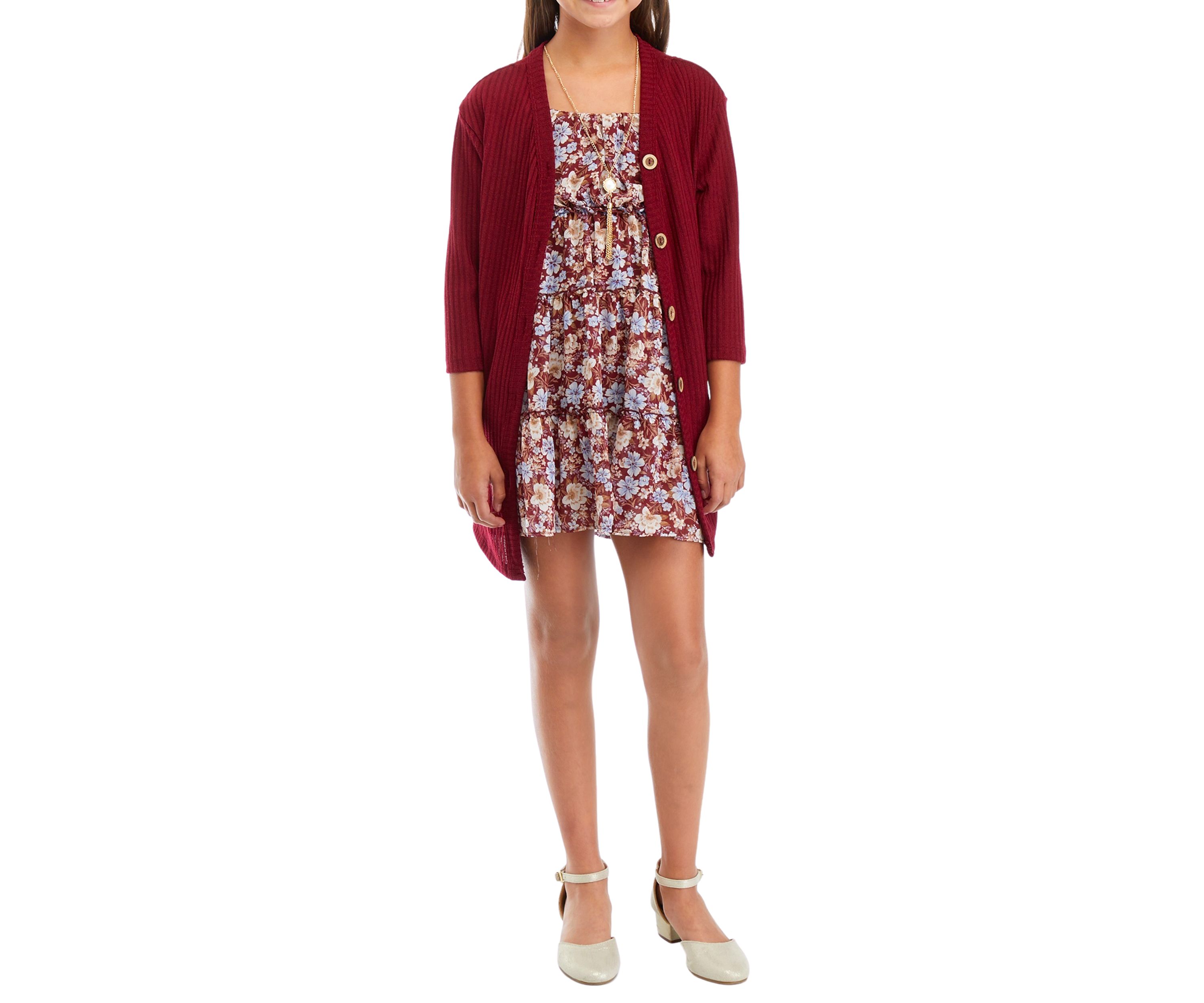 Girls 7-16 Cardigan with Printed Chiffon Dress