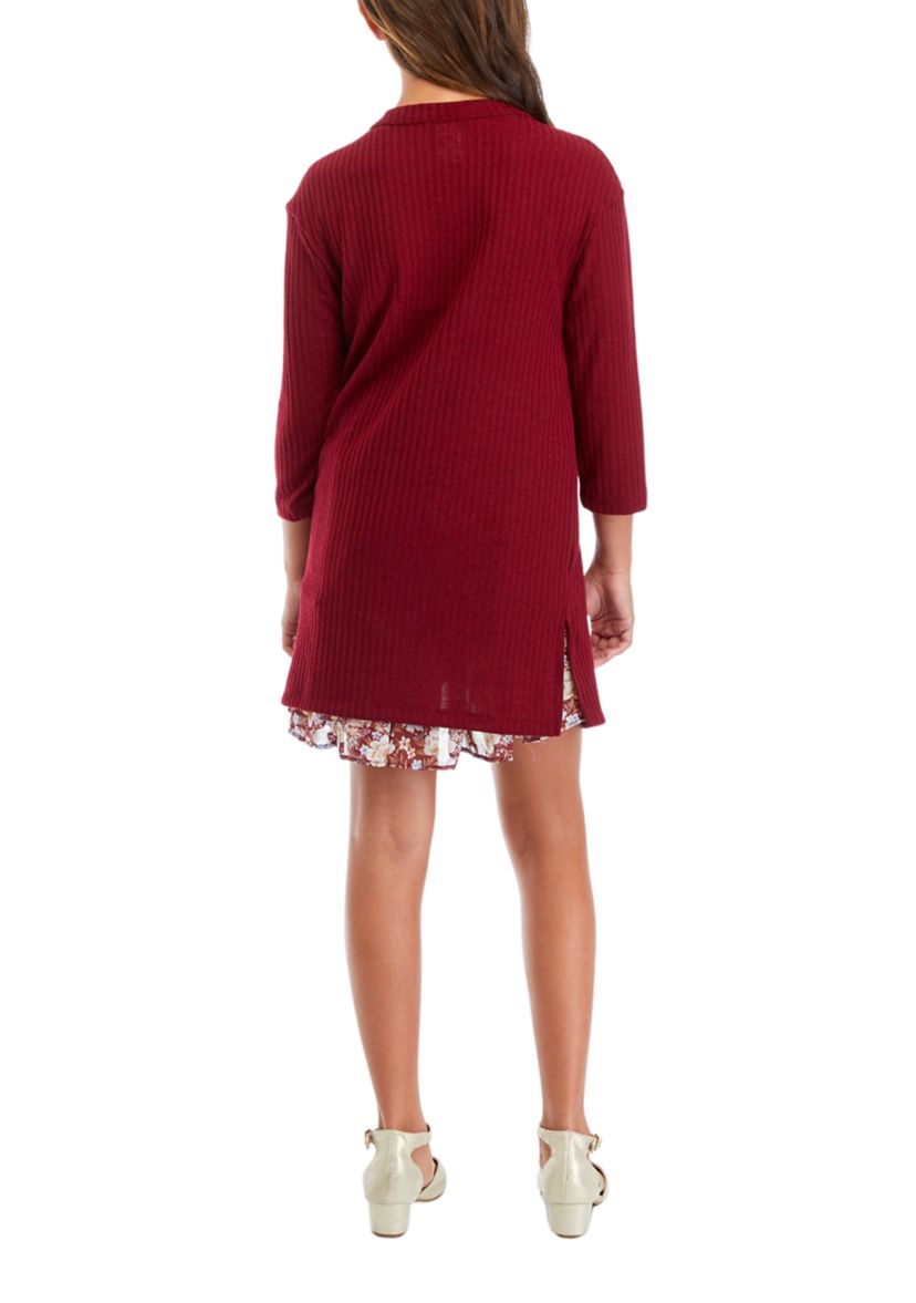 Girls 7-16 Cardigan with Printed Chiffon Dress
