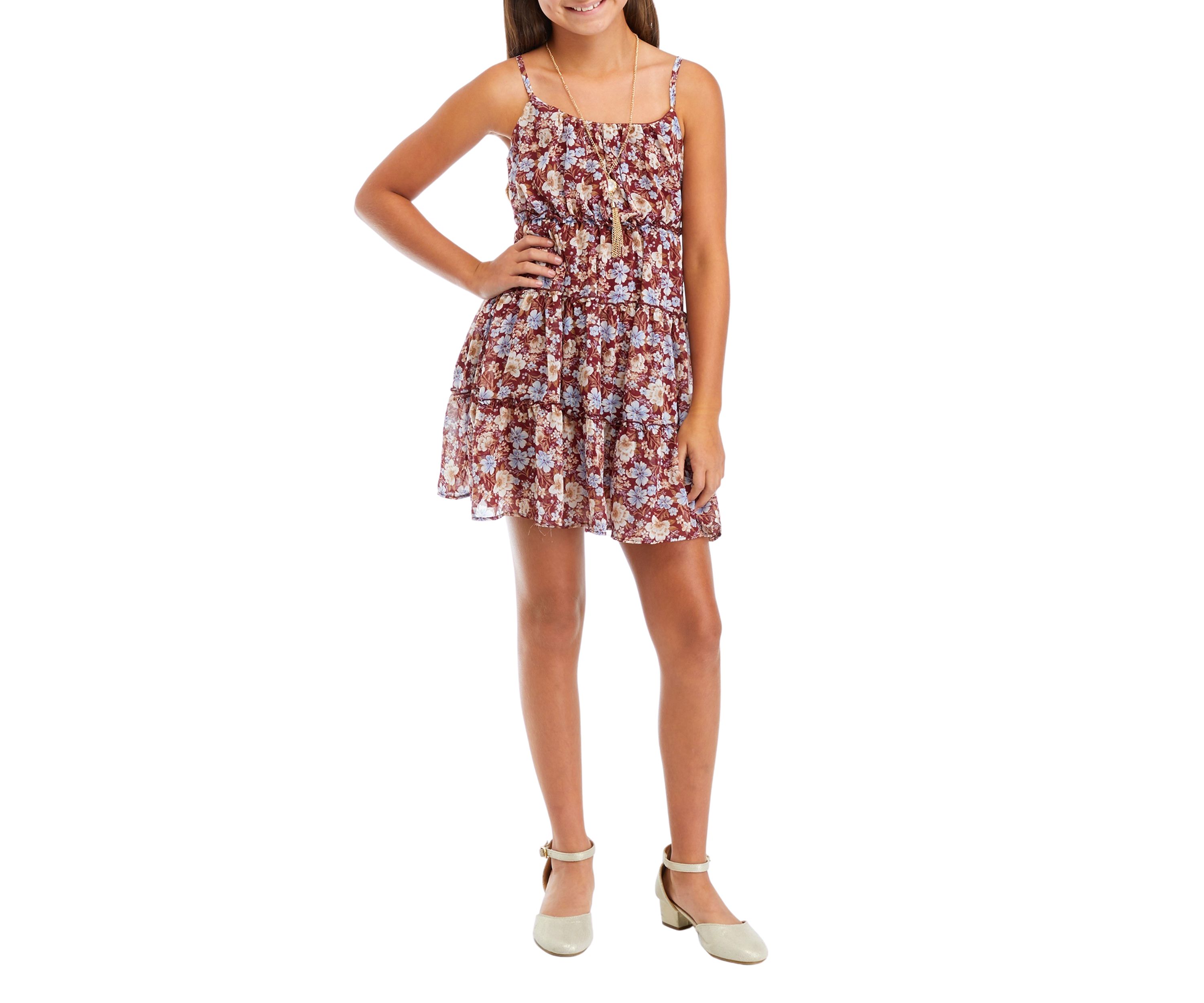 Girls 7-16 Cardigan with Printed Chiffon Dress