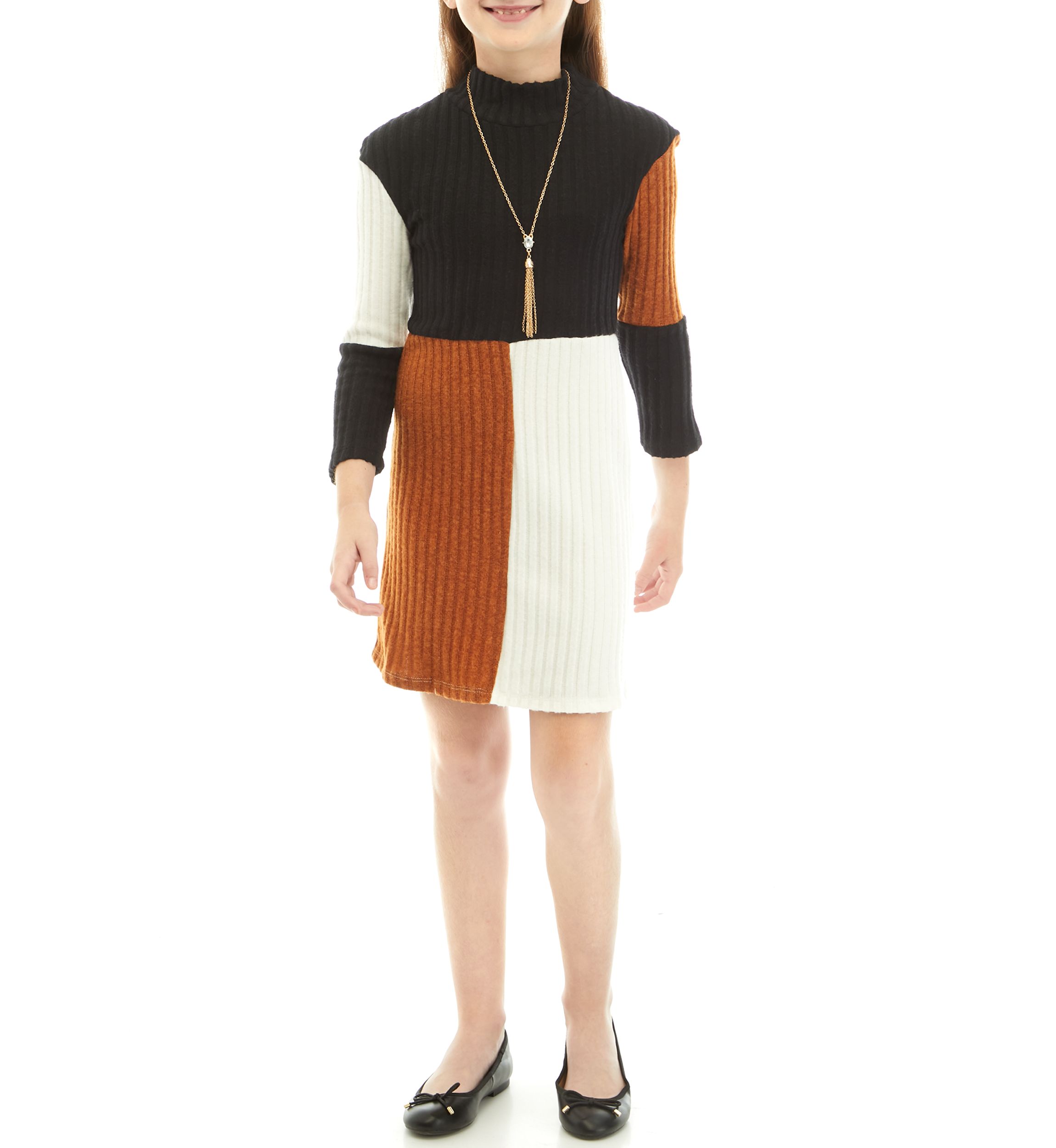 Girls 7-16 Color Block Brushed Rib Knit Dress