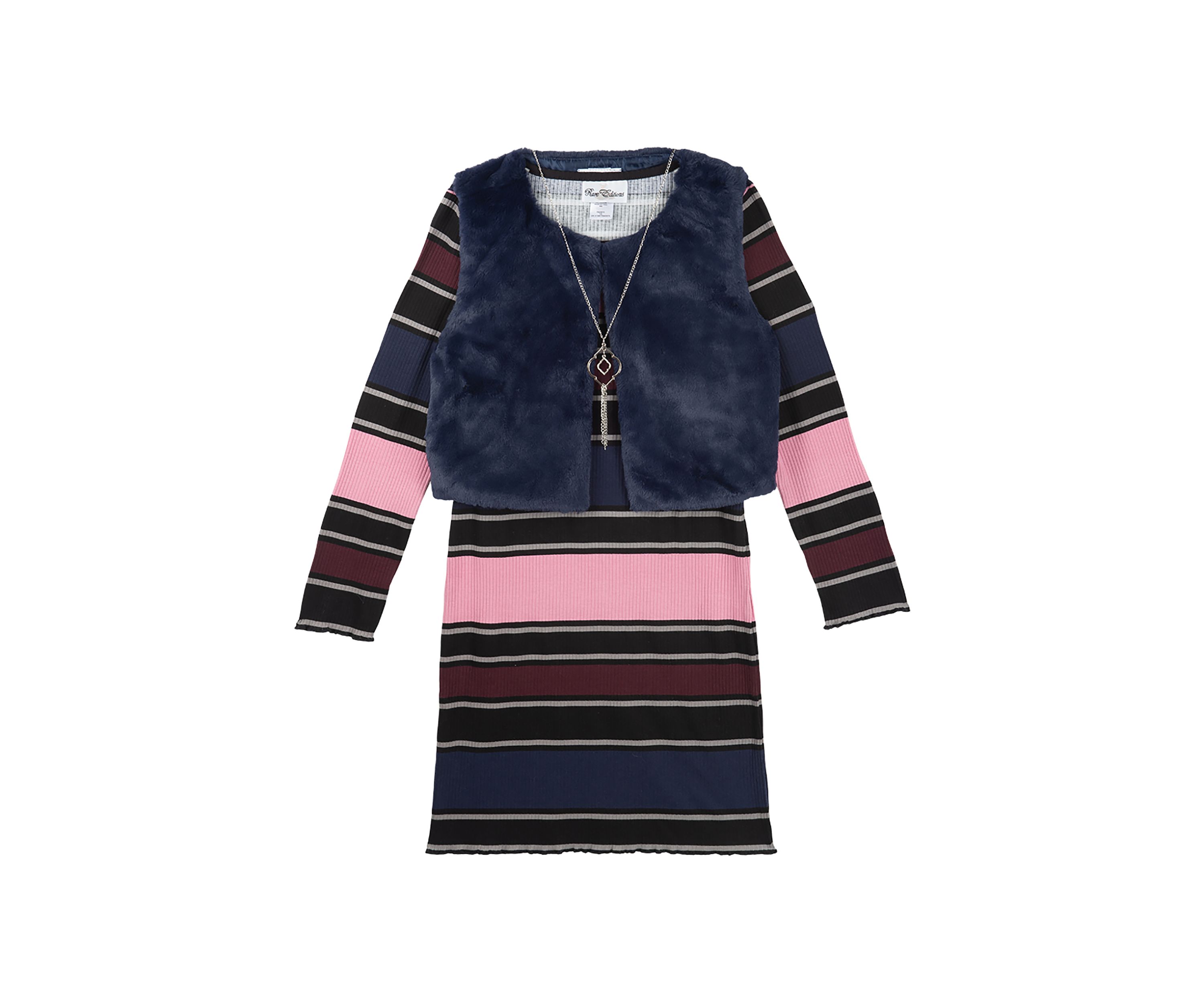 Girls 7-16 Faux Fur Vest and Stripe Dress with Necklace