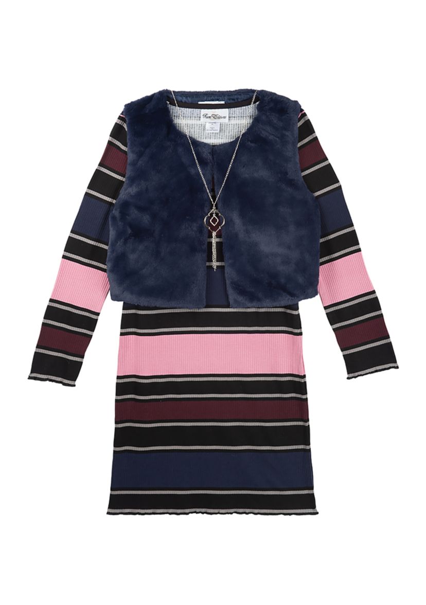 Girls 7-16 Faux Fur Vest and Stripe Dress with Necklace