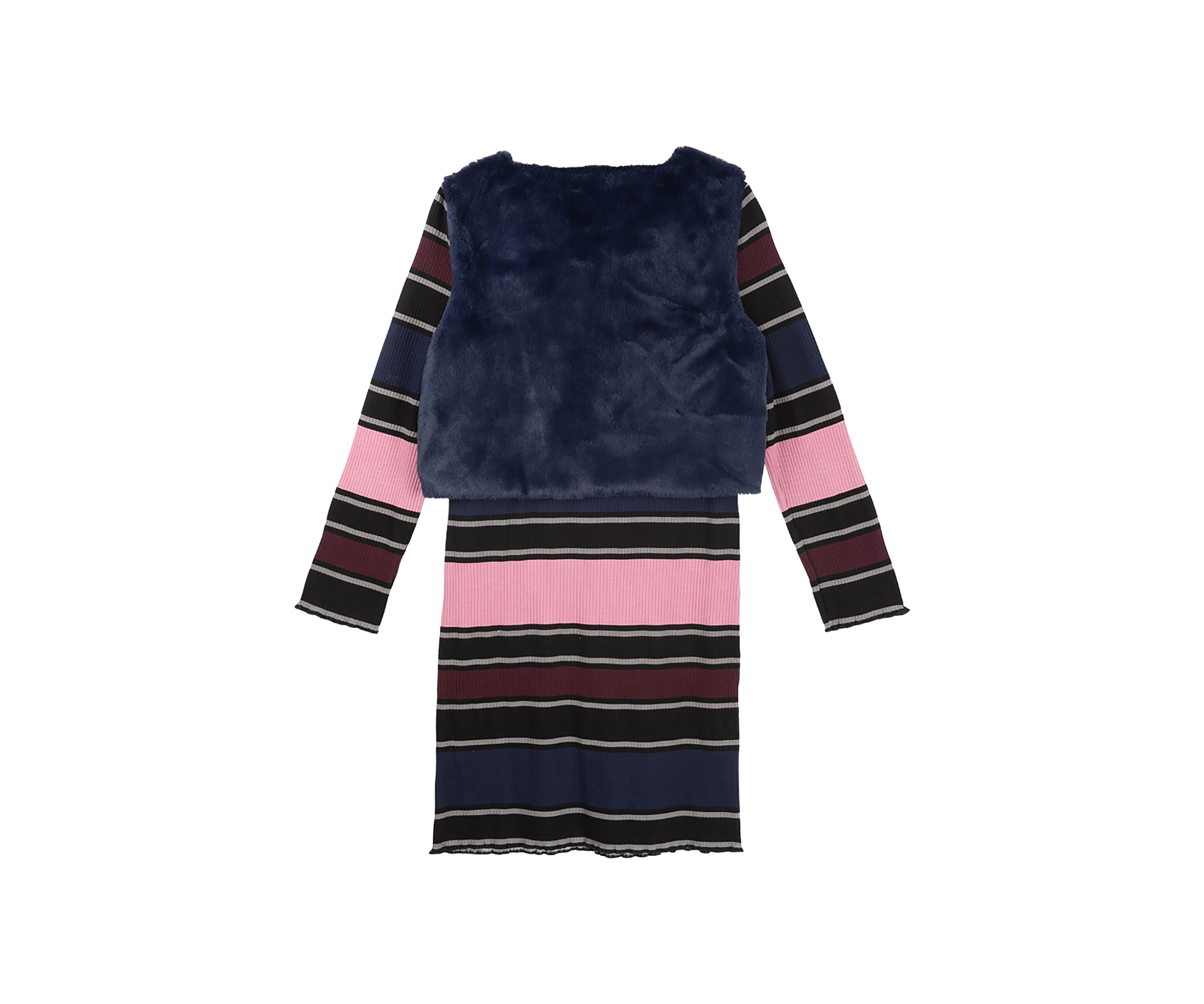 Girls 7-16 Faux Fur Vest and Stripe Dress with Necklace