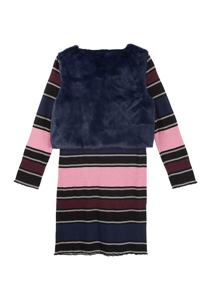 Girls 7-16 Faux Fur Vest and Stripe Dress with Necklace