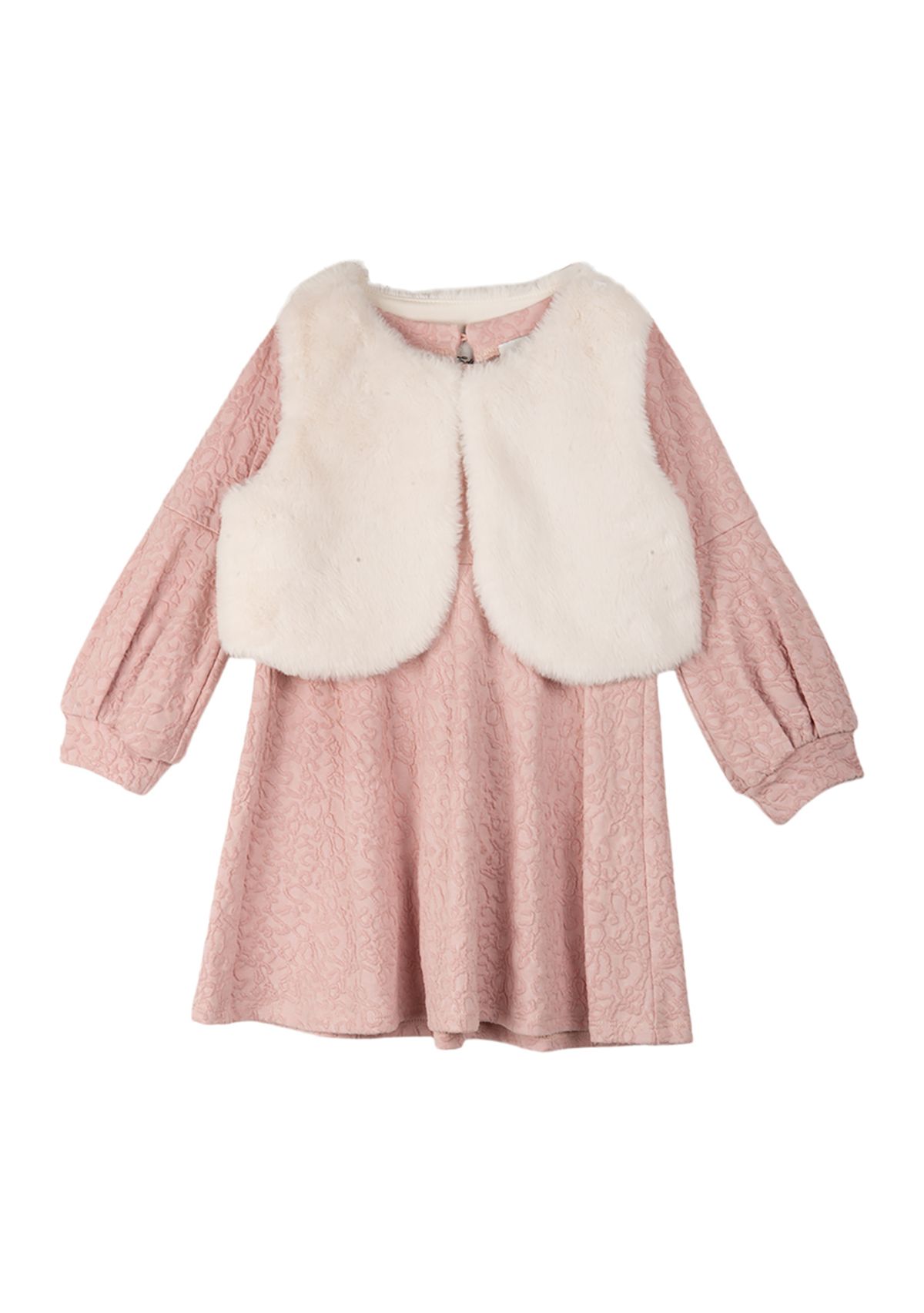 Girls 7-16 Textured Jacquard Knit Dress with Faux Fur Vest