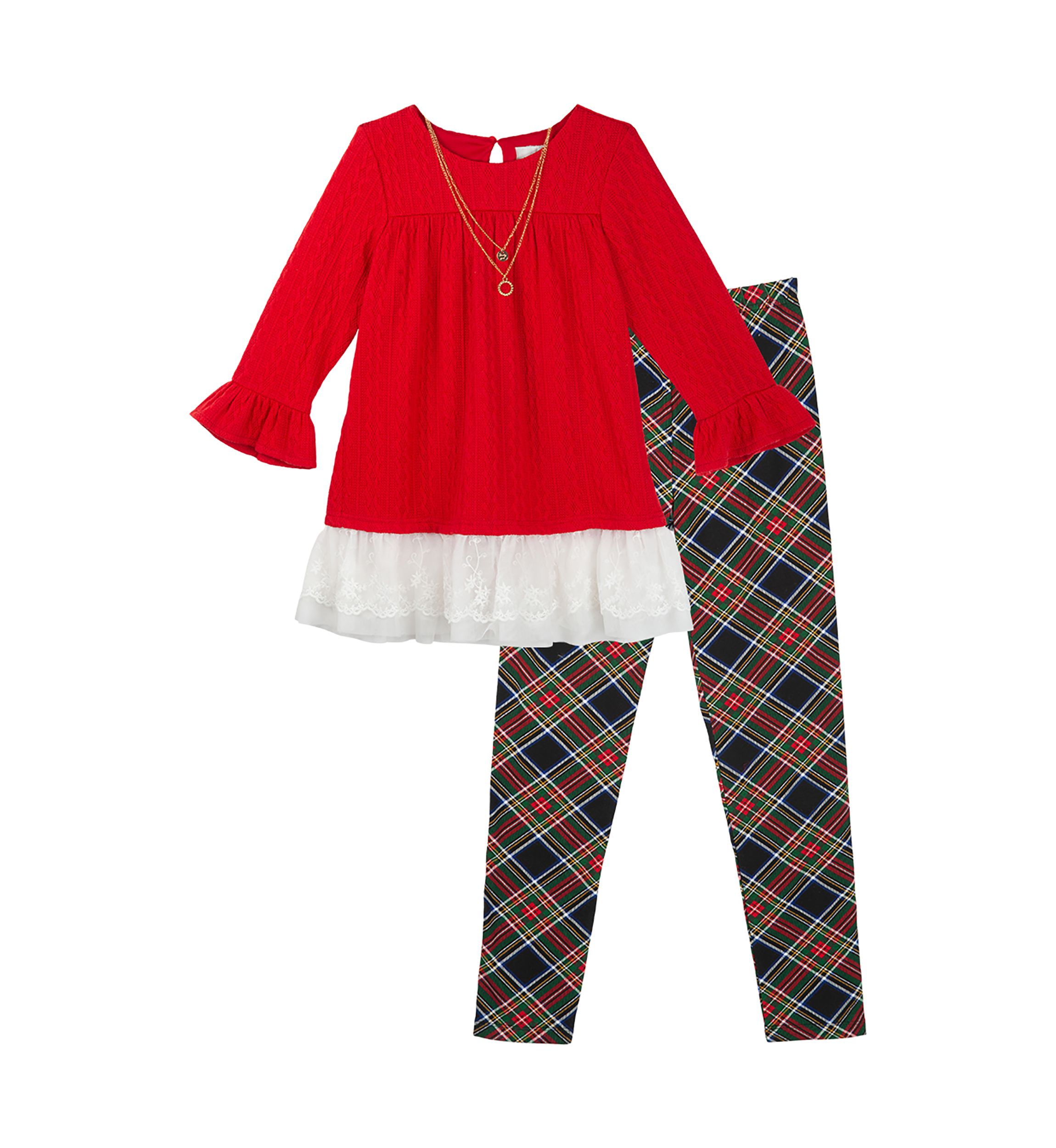 Girls 7-16 Ruffle Crochet Top and Plaid Leggings