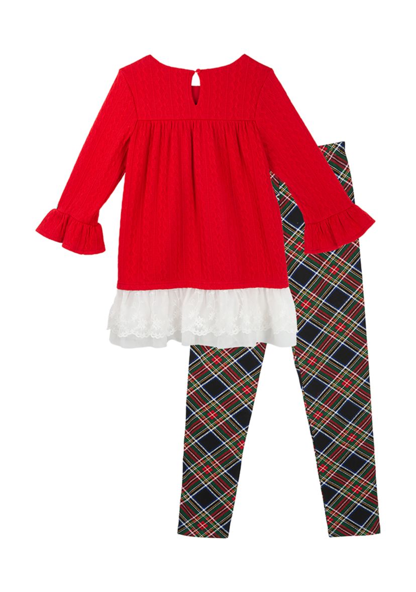Girls 7-16 Ruffle Crochet Top and Plaid Leggings