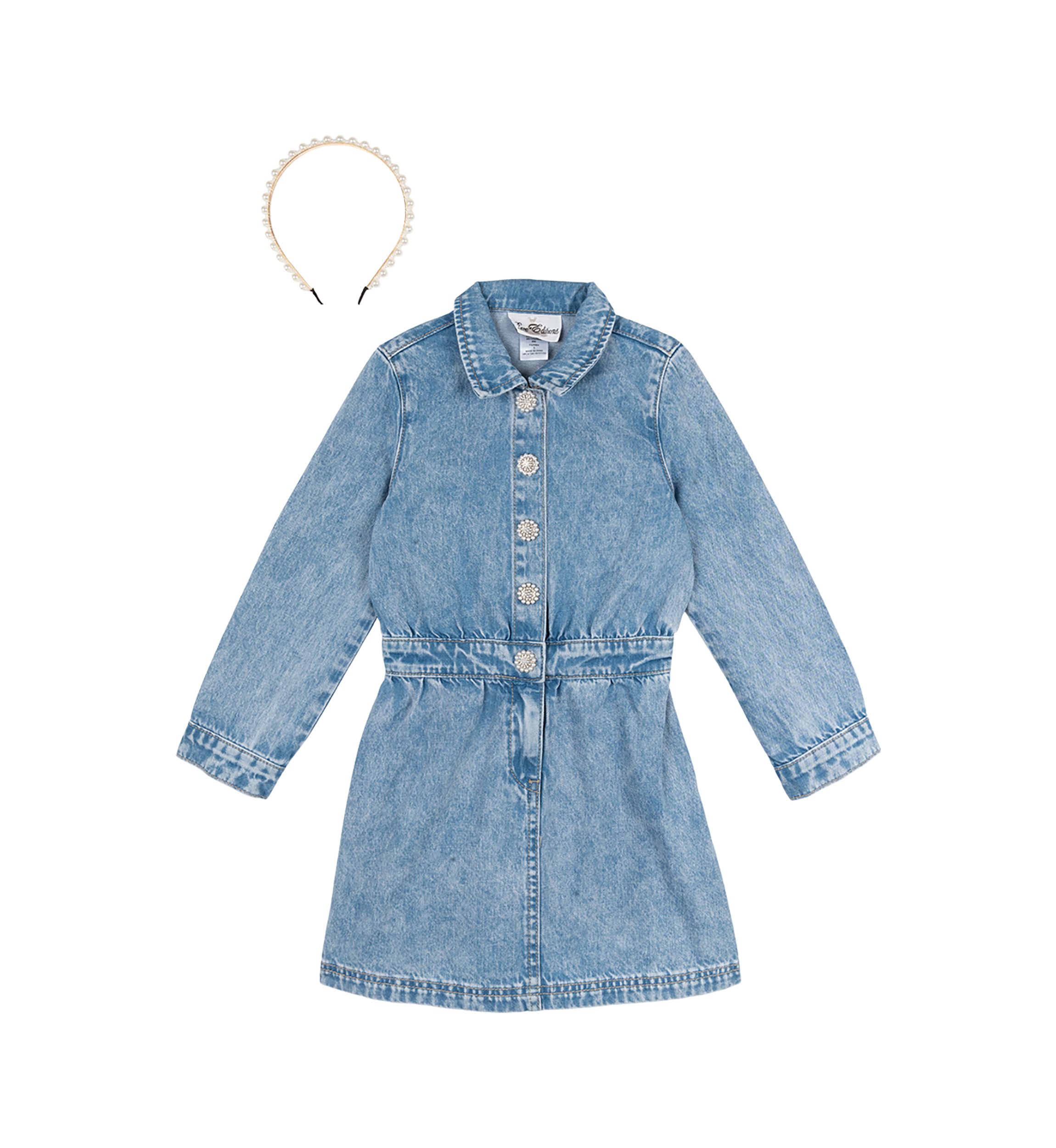 Girls 7-16 Denim Dress with Pearl Headband