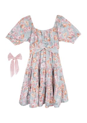 Girls 7-16 Floral Printed Tie Back Dress with Bow