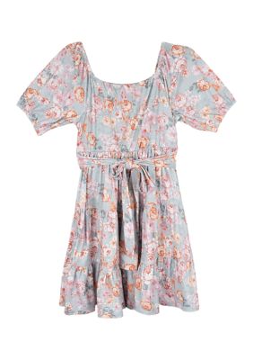 Girls 7-16 Floral Printed Tie Back Dress with Bow