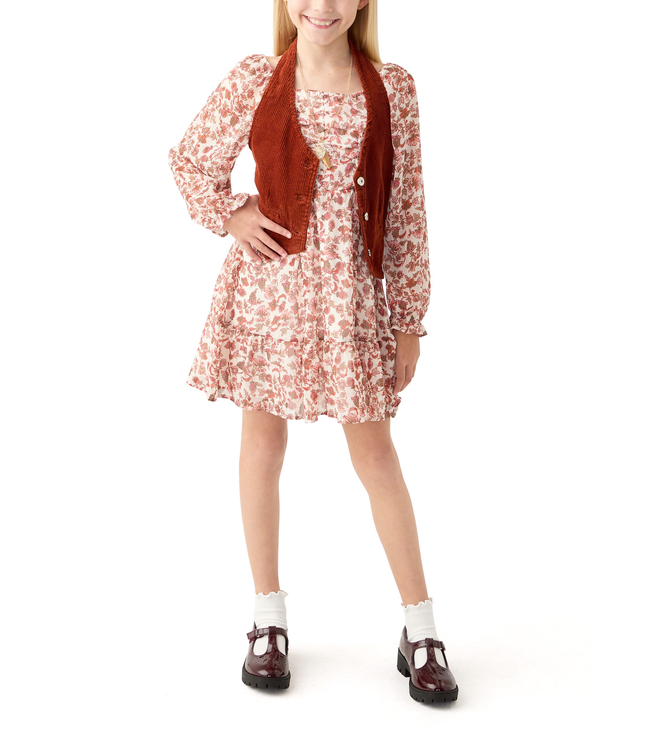 Girls 7-16 Lurex Chiffon Balloon Sleeve Dress