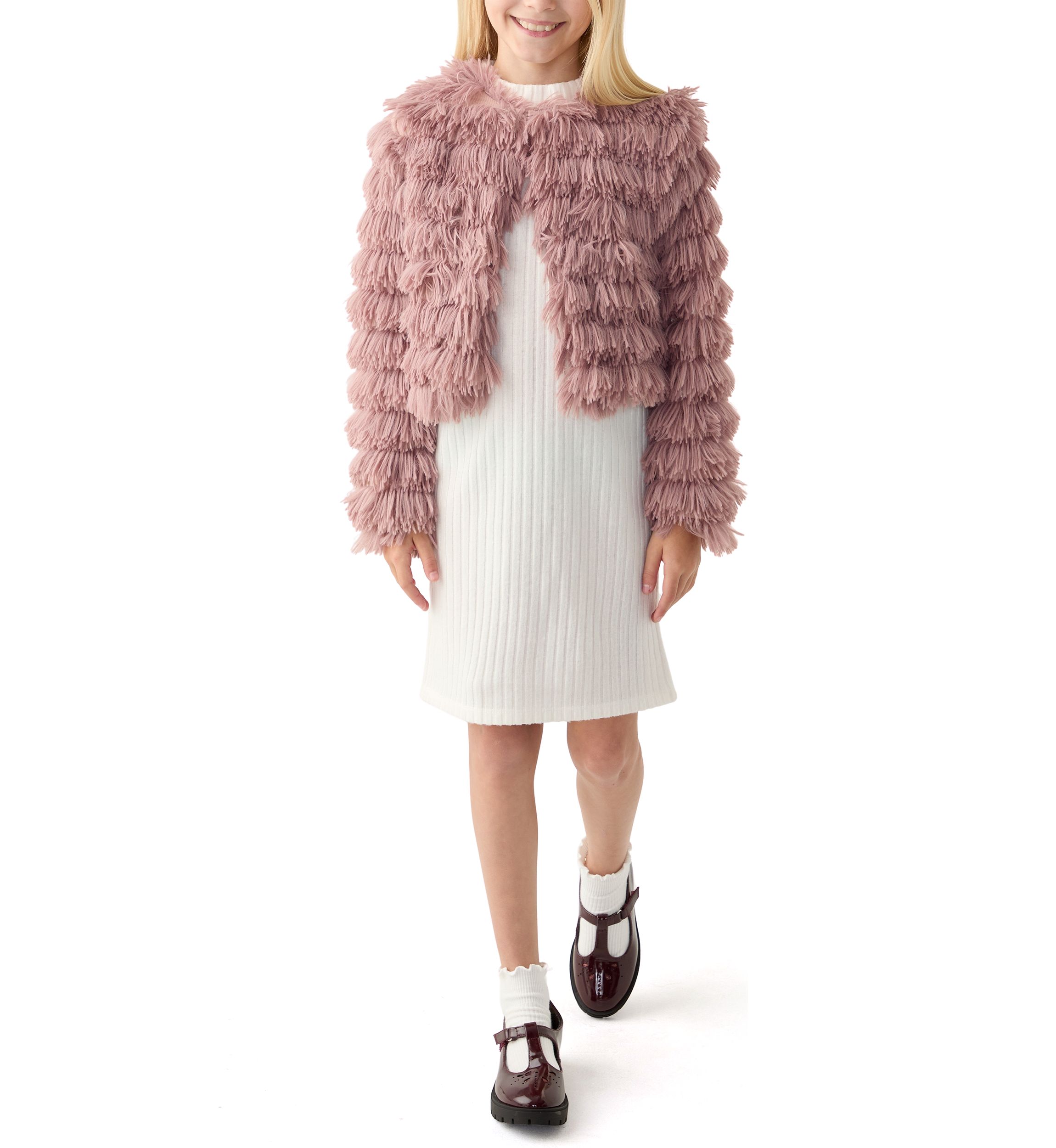 Girls 7-16 Rib Knit Mock Neck Shift Dress with Fringe Faux Fur Jacket