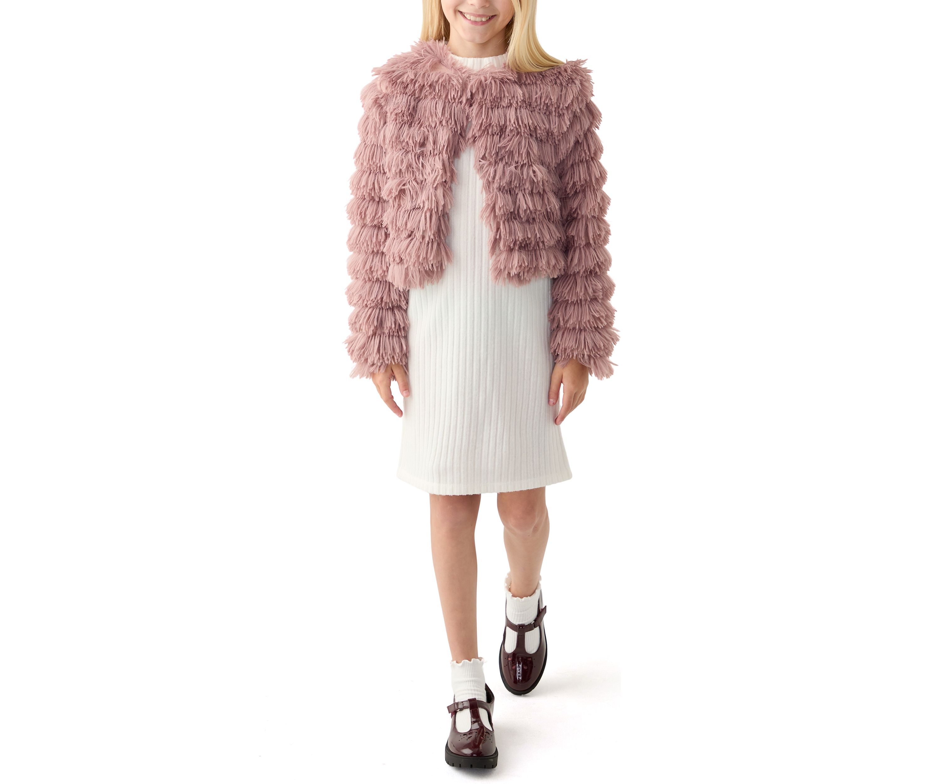 Girls 7-16 Rib Knit Mock Neck Shift Dress with Fringe Faux Fur Jacket