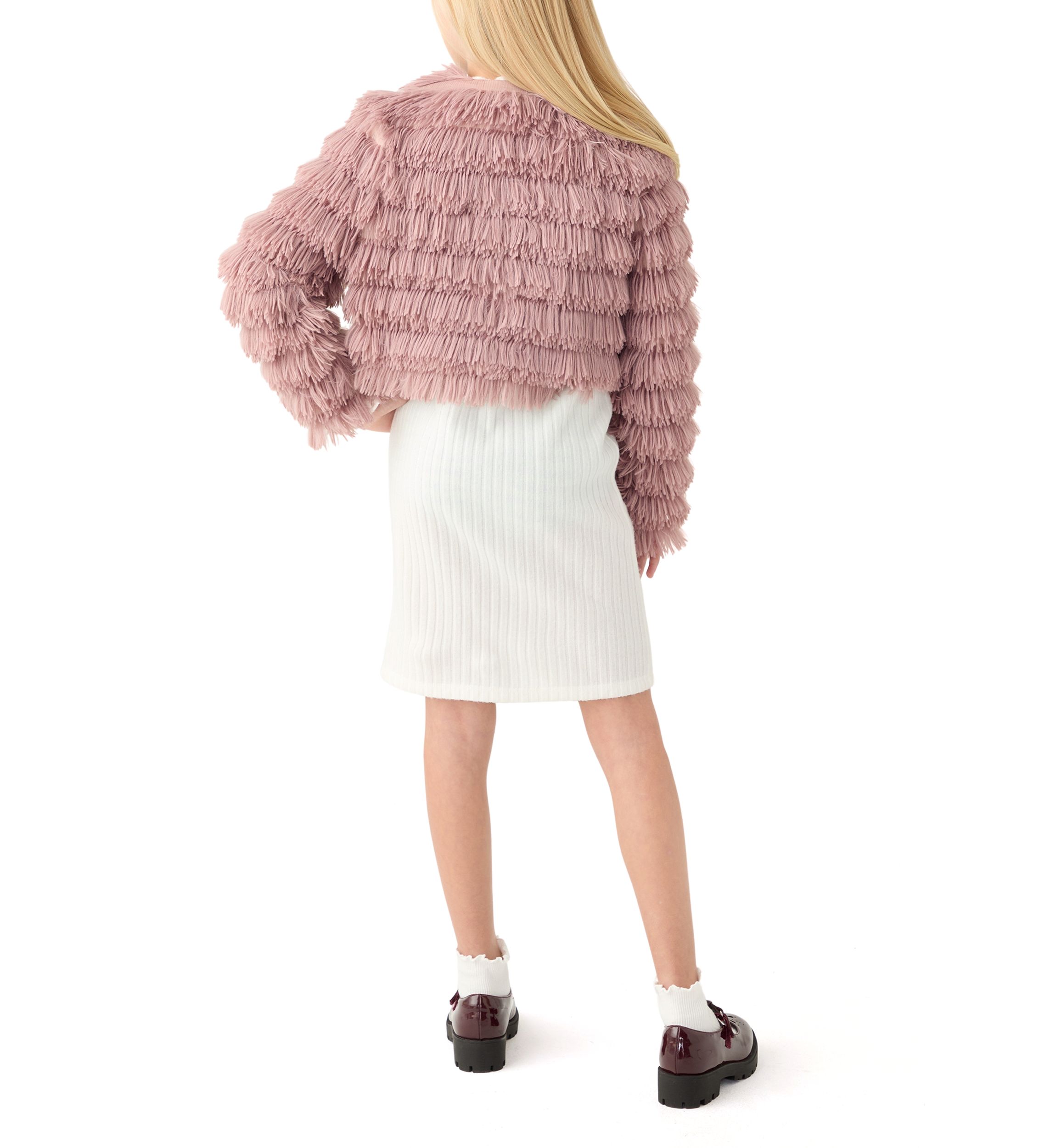 Girls 7-16 Rib Knit Mock Neck Shift Dress with Fringe Faux Fur Jacket