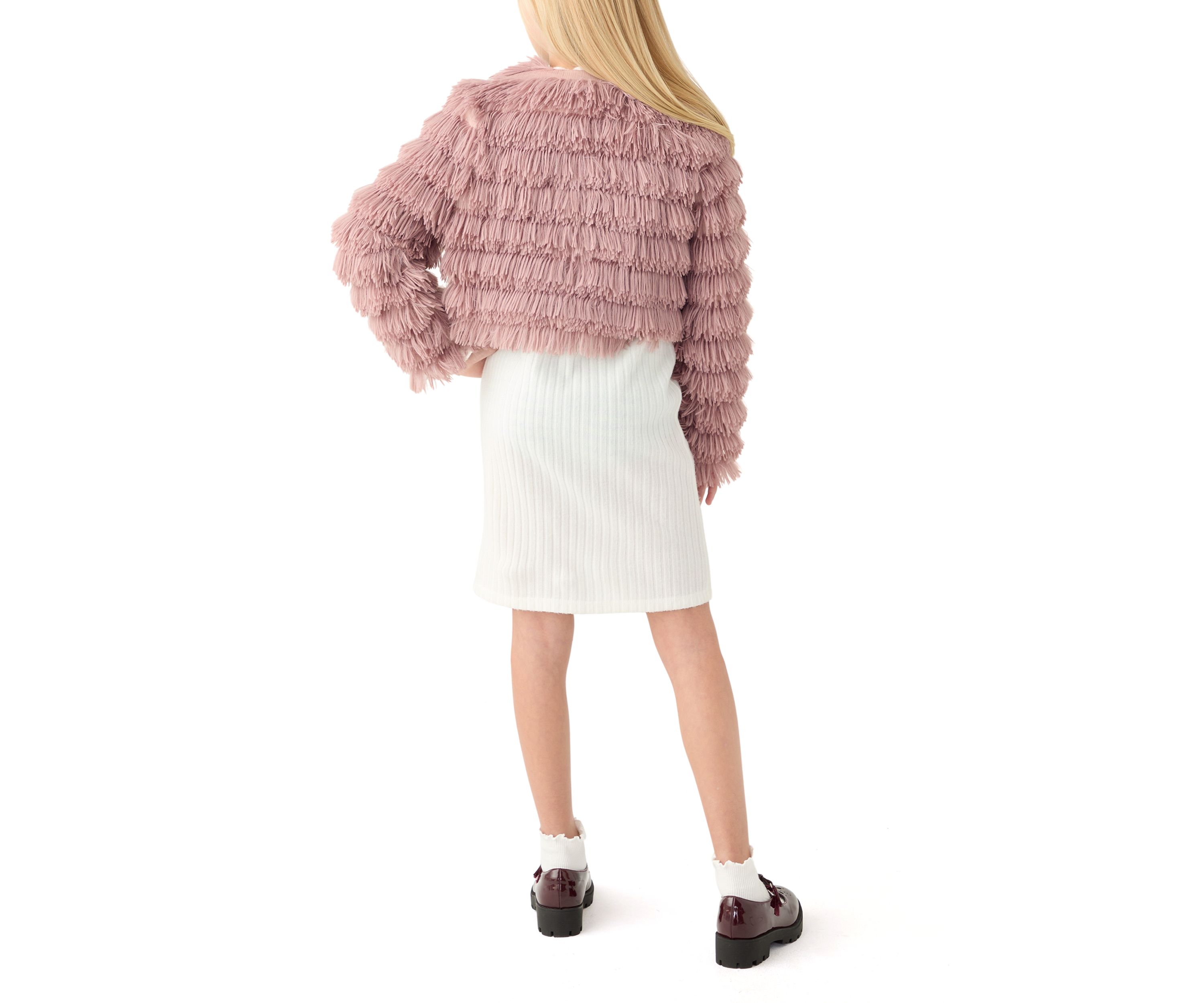 Girls 7-16 Rib Knit Mock Neck Shift Dress with Fringe Faux Fur Jacket