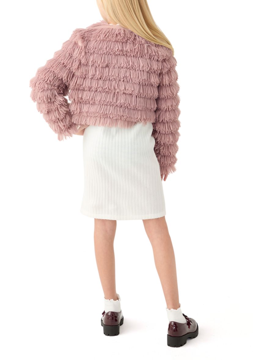 Girls 7-16 Rib Knit Mock Neck Shift Dress with Fringe Faux Fur Jacket