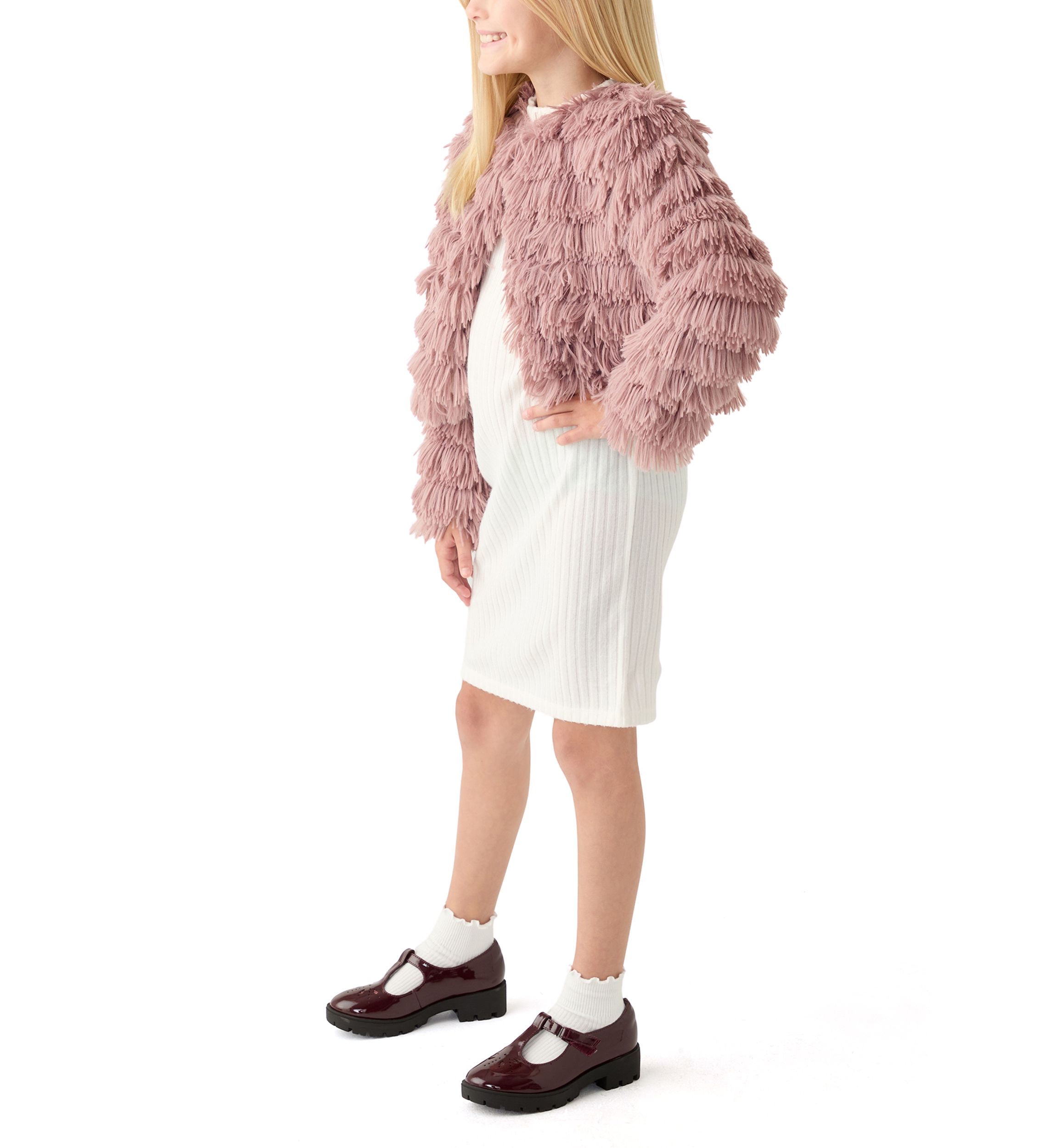 Girls 7-16 Rib Knit Mock Neck Shift Dress with Fringe Faux Fur Jacket
