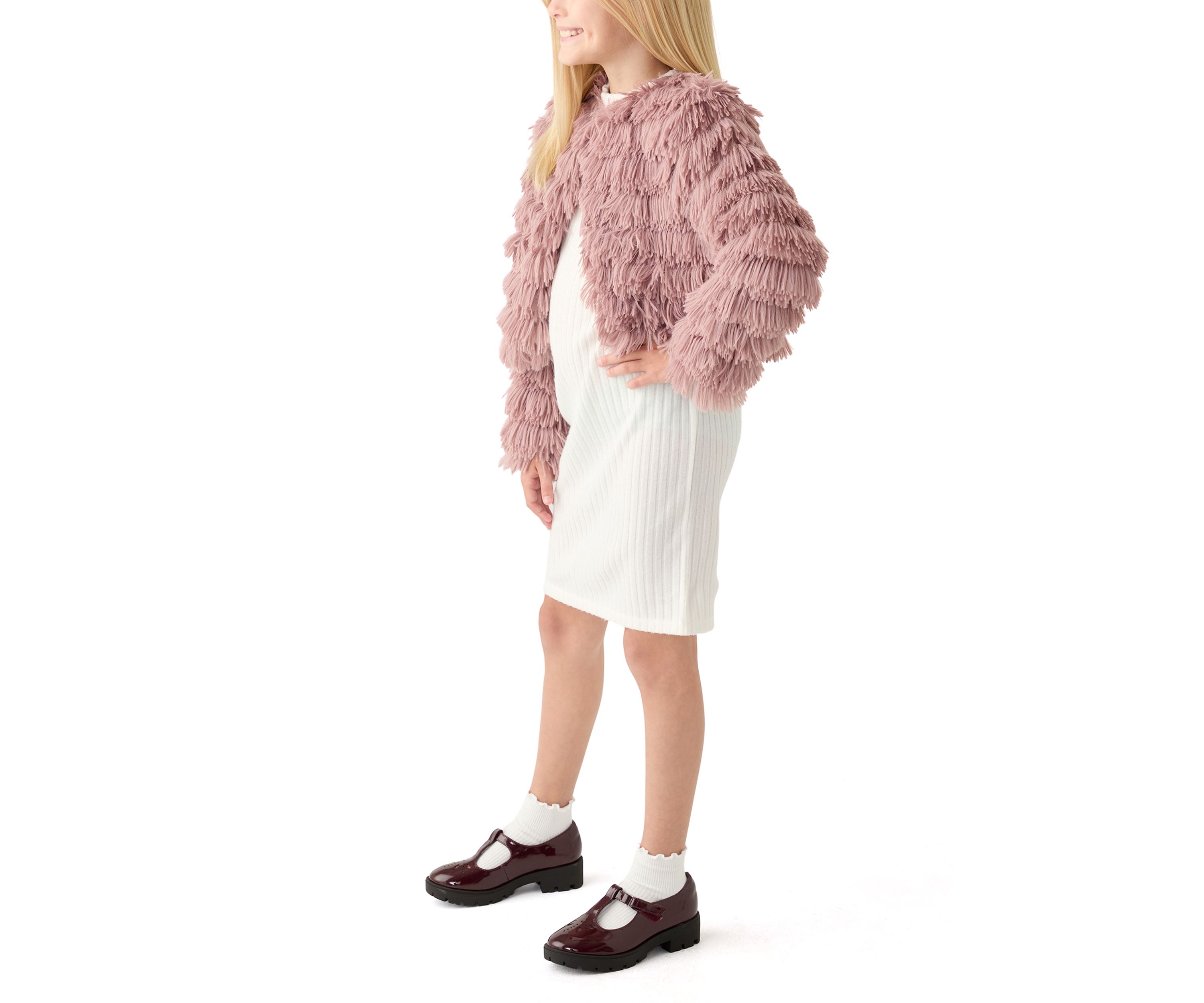 Girls 7-16 Rib Knit Mock Neck Shift Dress with Fringe Faux Fur Jacket