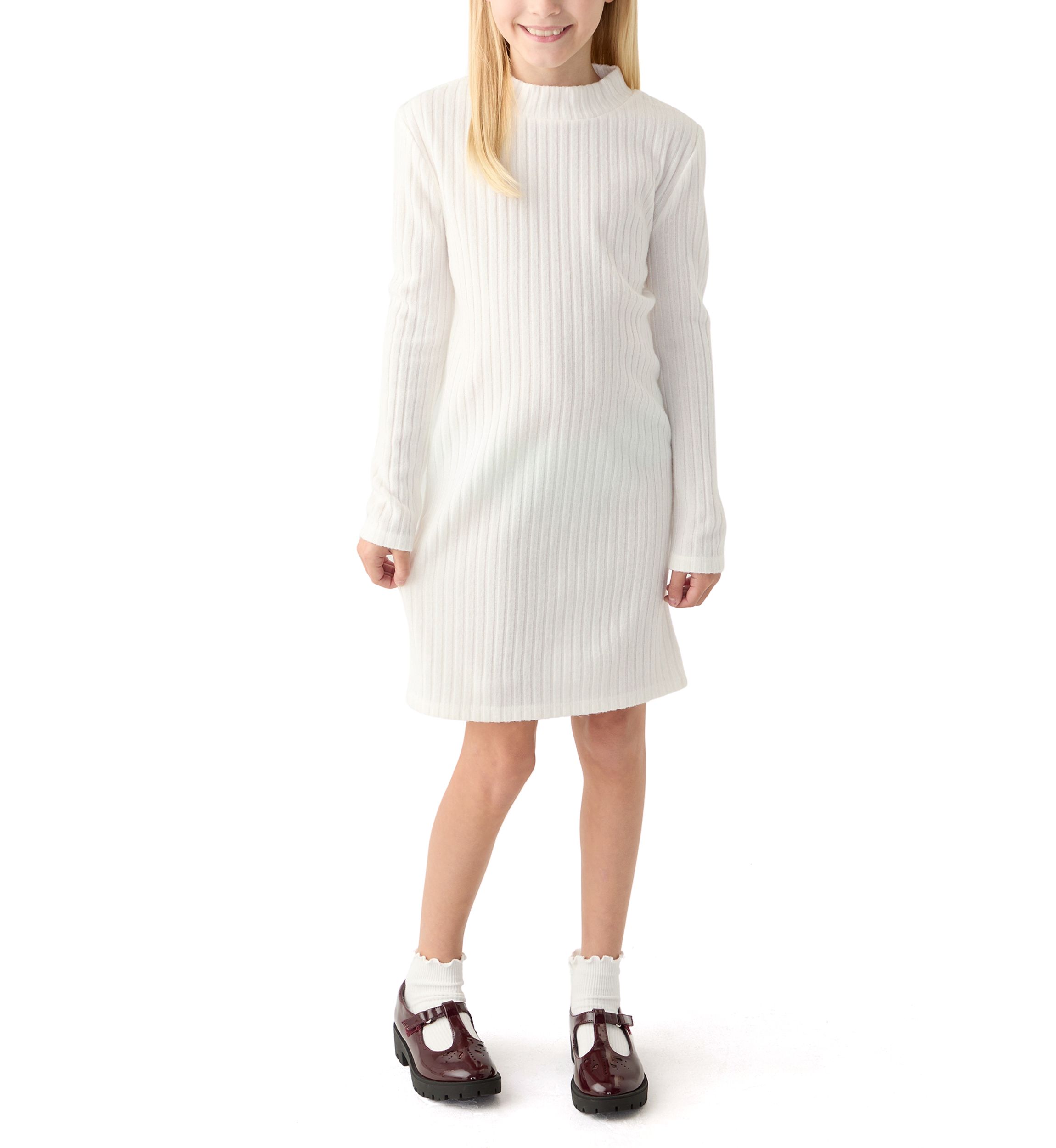 Girls 7-16 Rib Knit Mock Neck Shift Dress with Fringe Faux Fur Jacket