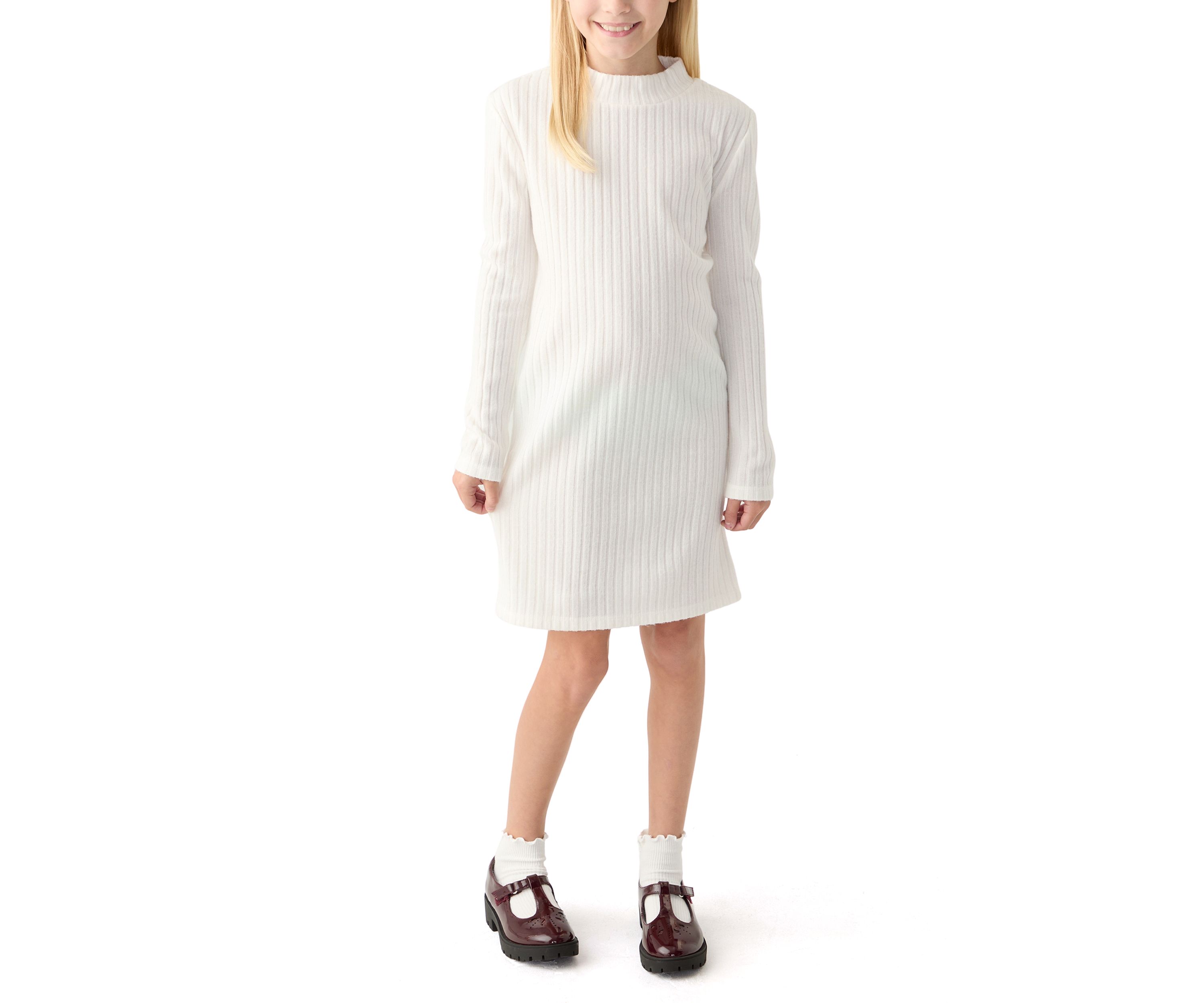 Girls 7-16 Rib Knit Mock Neck Shift Dress with Fringe Faux Fur Jacket