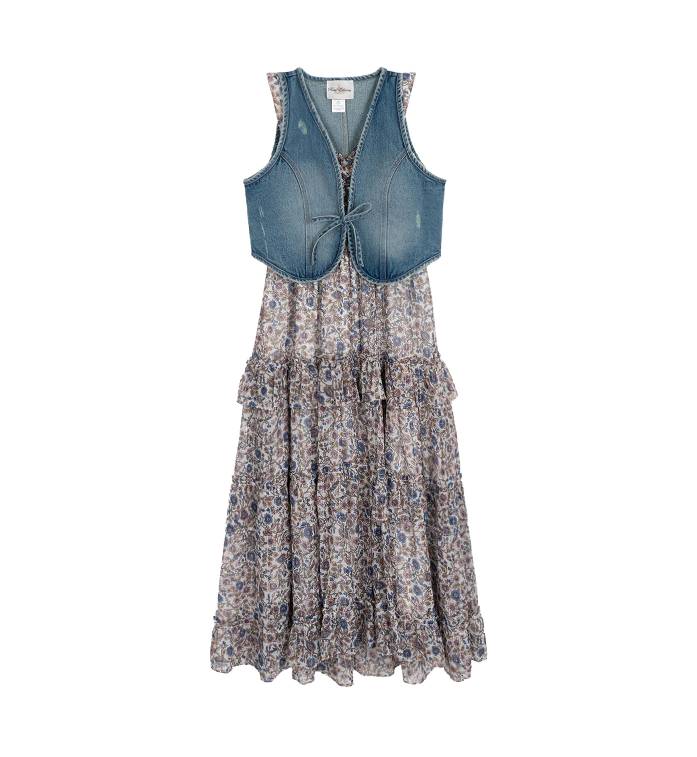 Girls 7-16 Printed Maxi Dress and Denim Vest Set 