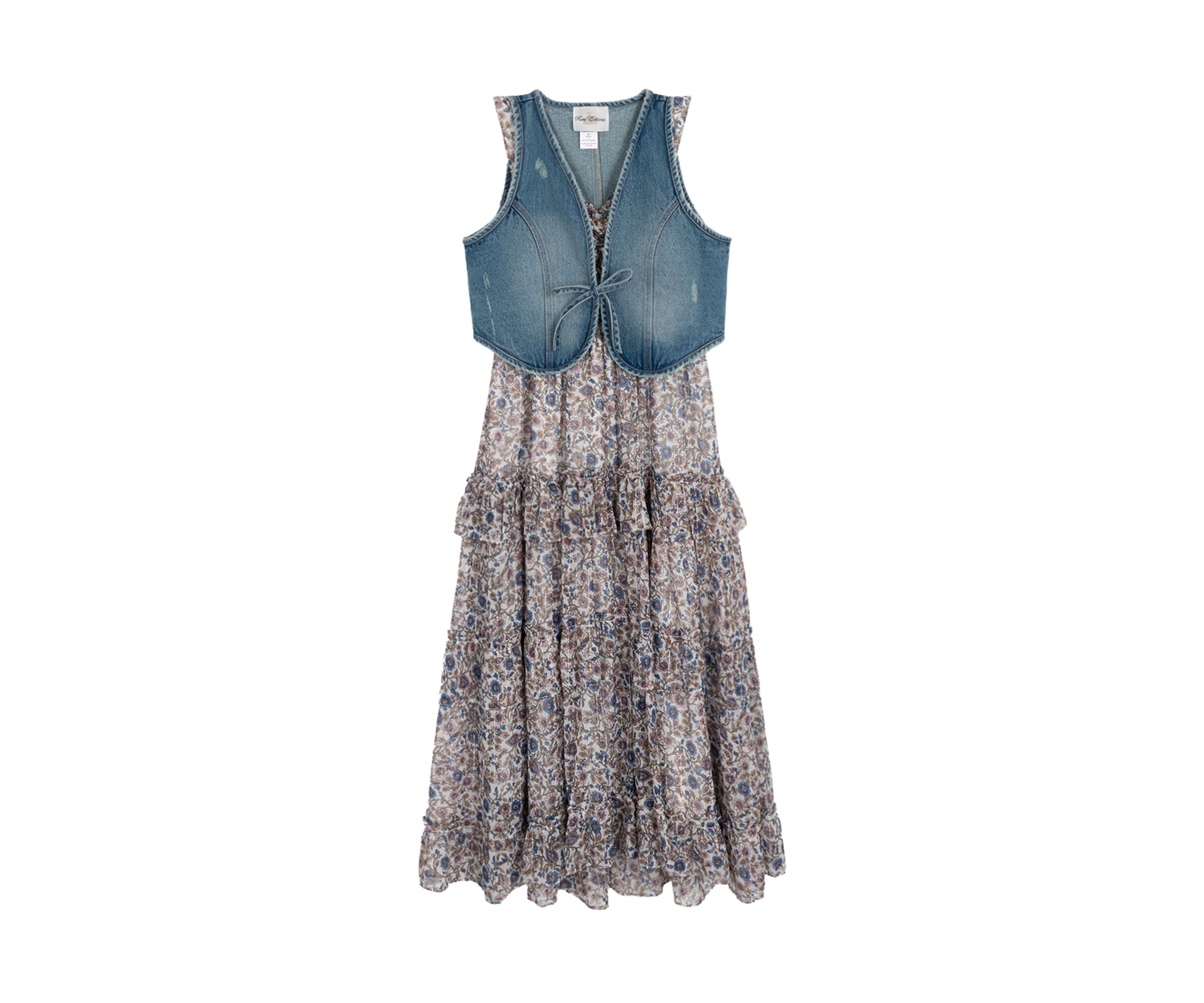 Girls 7-16 Printed Maxi Dress and Denim Vest Set 