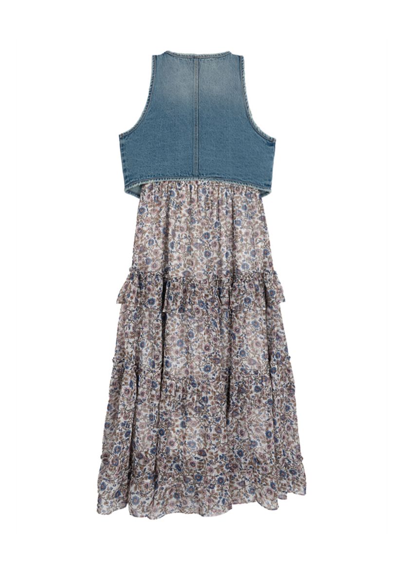 Girls 7-16 Printed Maxi Dress and Denim Vest Set 