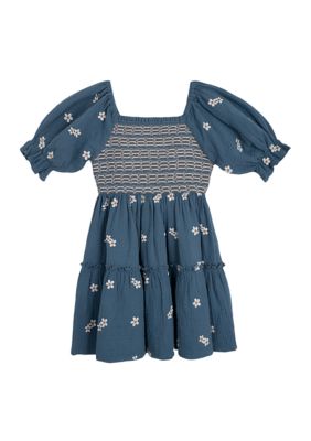 Rare Editions Girls 7-16 Elbow Puff Sleeve Embroidered Smocked Dress, Blue