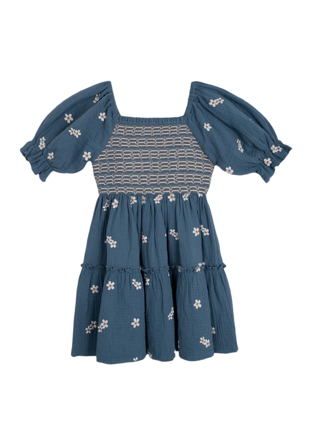 Girls 7-16 Elbow Puff Sleeve Embroidered Smocked Dress