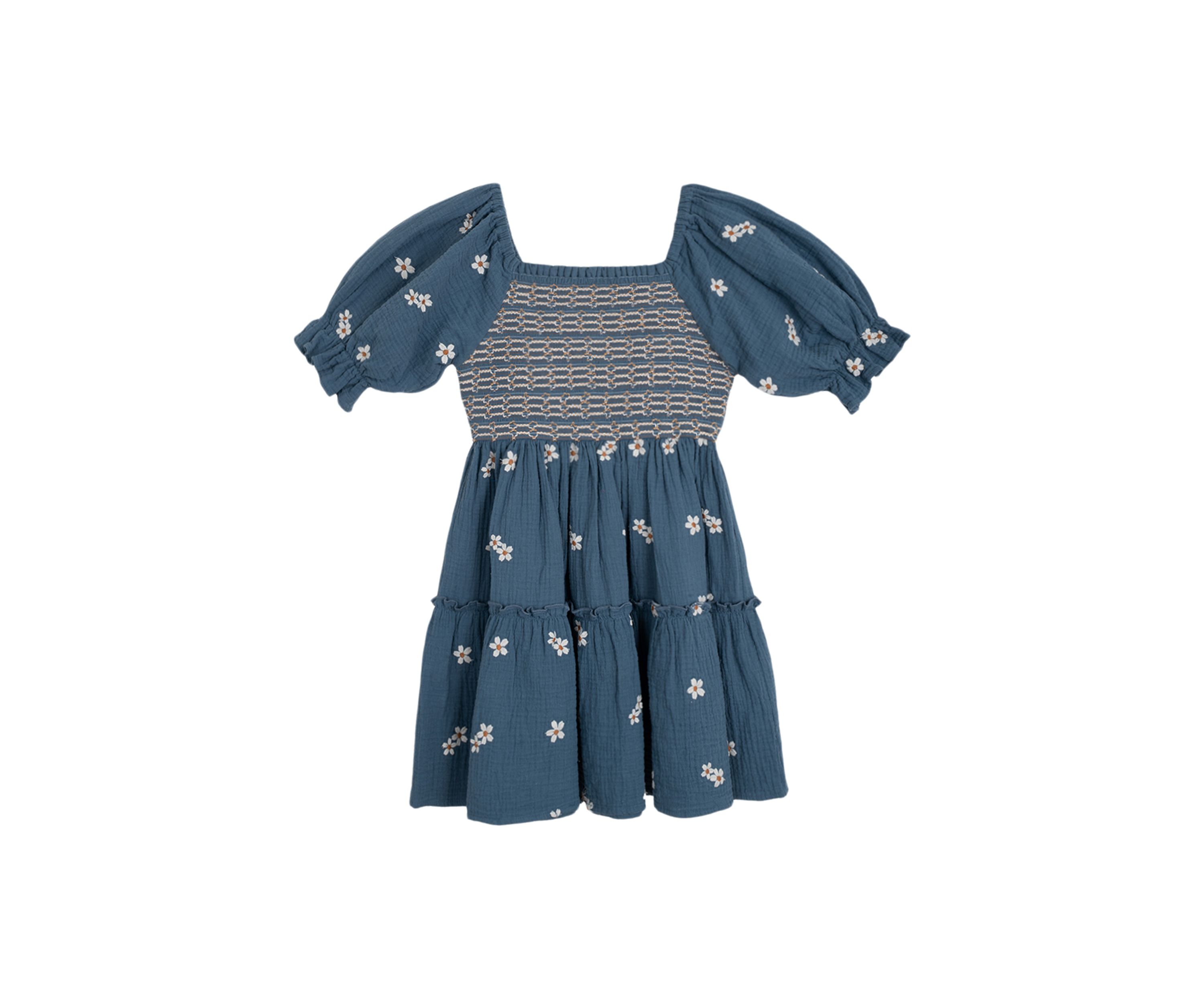 Girls 7-16 Elbow Puff Sleeve Embroidered Smocked Dress