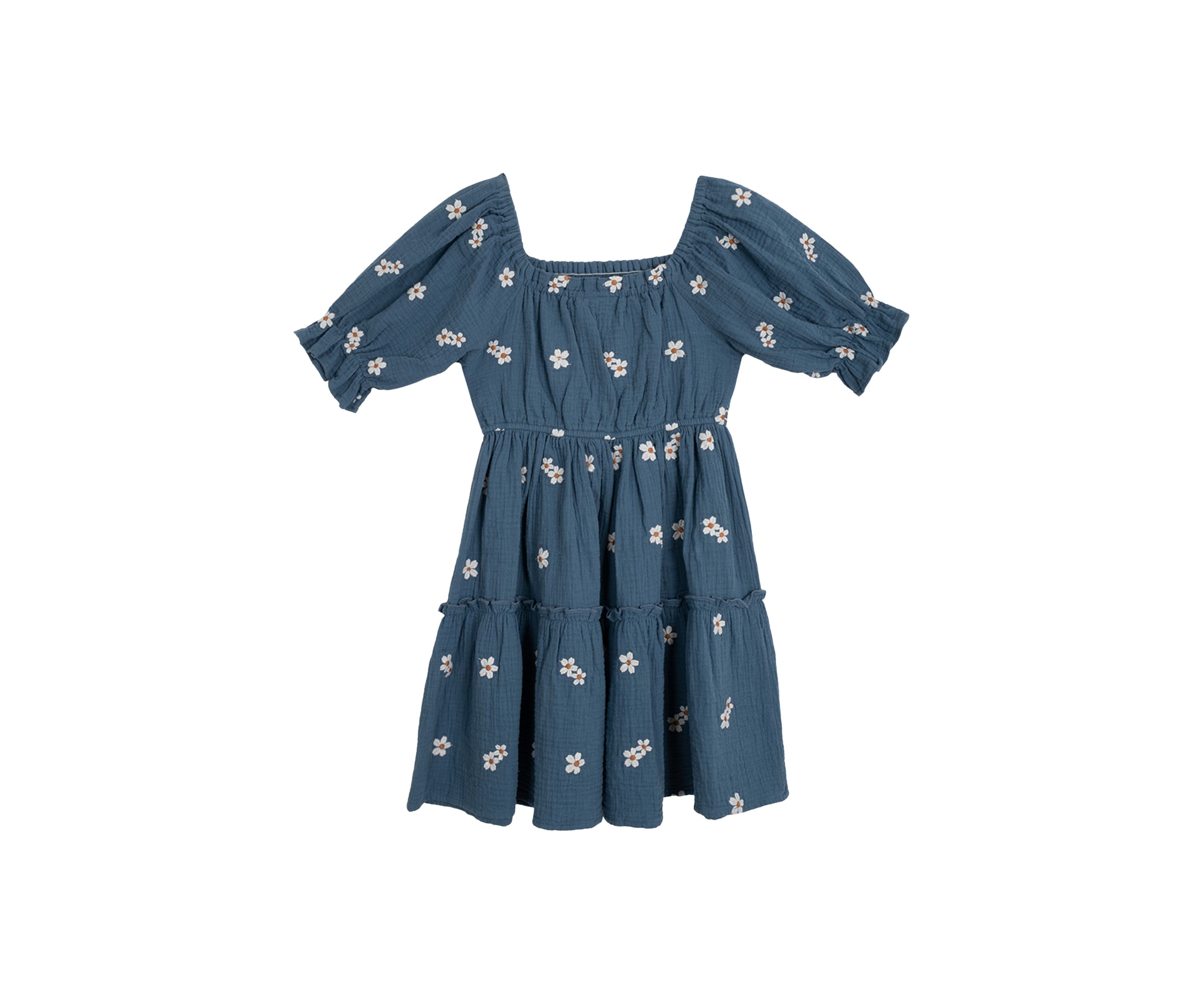 Girls 7-16 Elbow Puff Sleeve Embroidered Smocked Dress