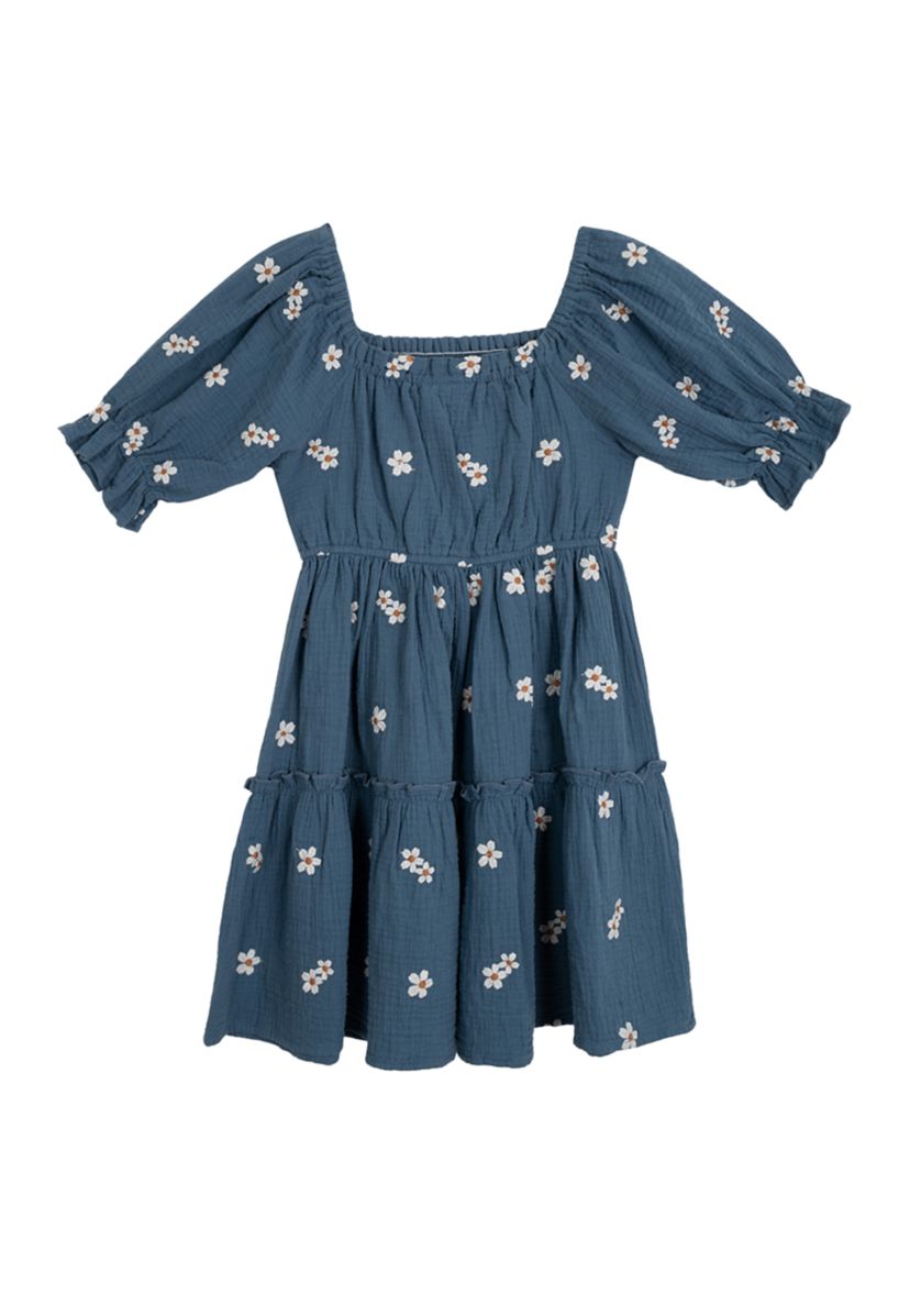 Girls 7-16 Elbow Puff Sleeve Embroidered Smocked Dress