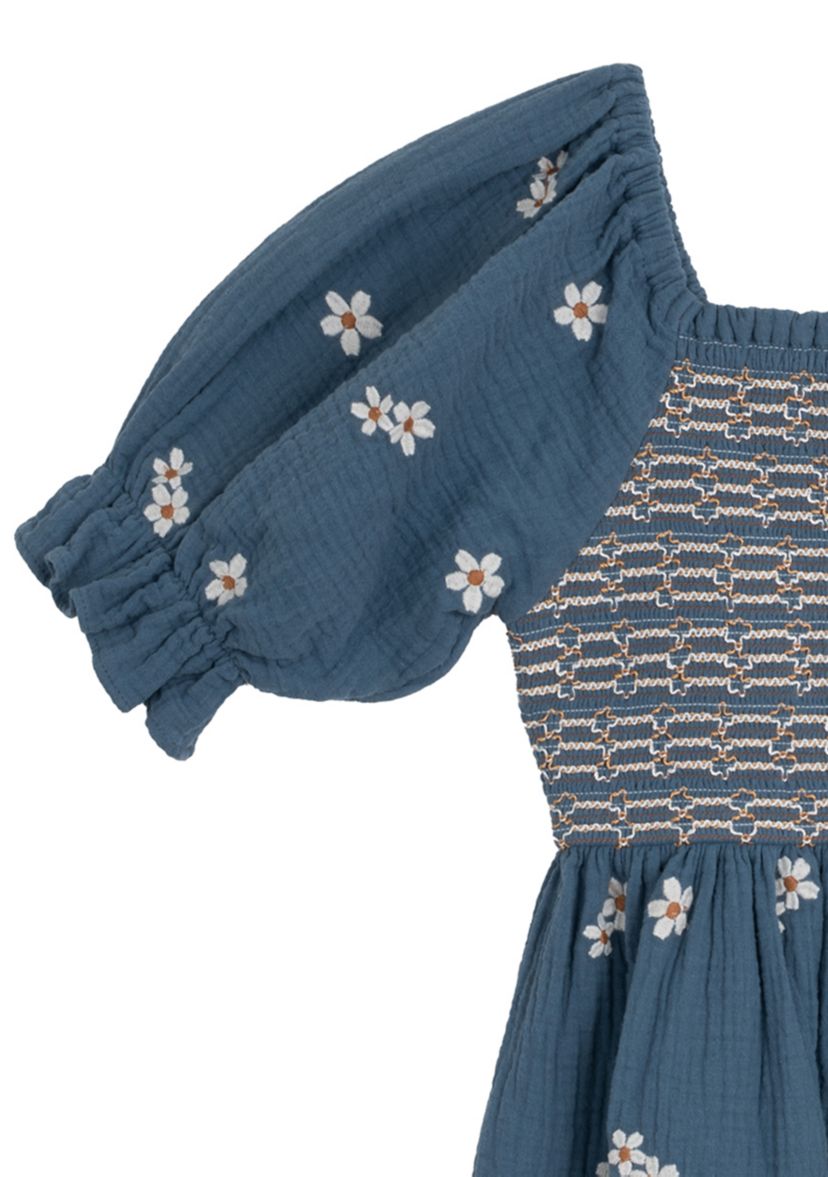 Girls 7-16 Elbow Puff Sleeve Embroidered Smocked Dress