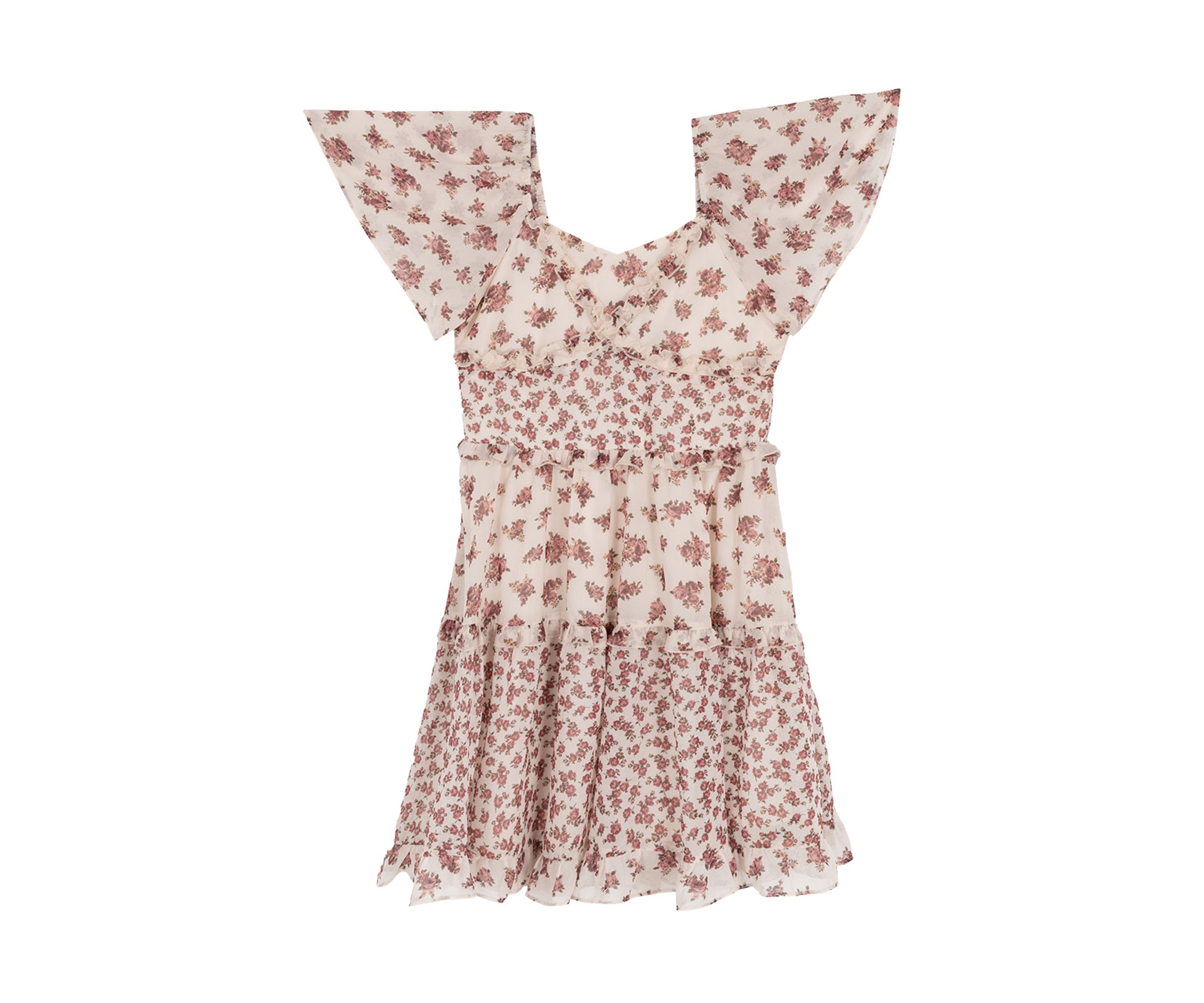 Girls 7-16 Flutter Sleeve Floral Print Tiered Drop Waist Dress