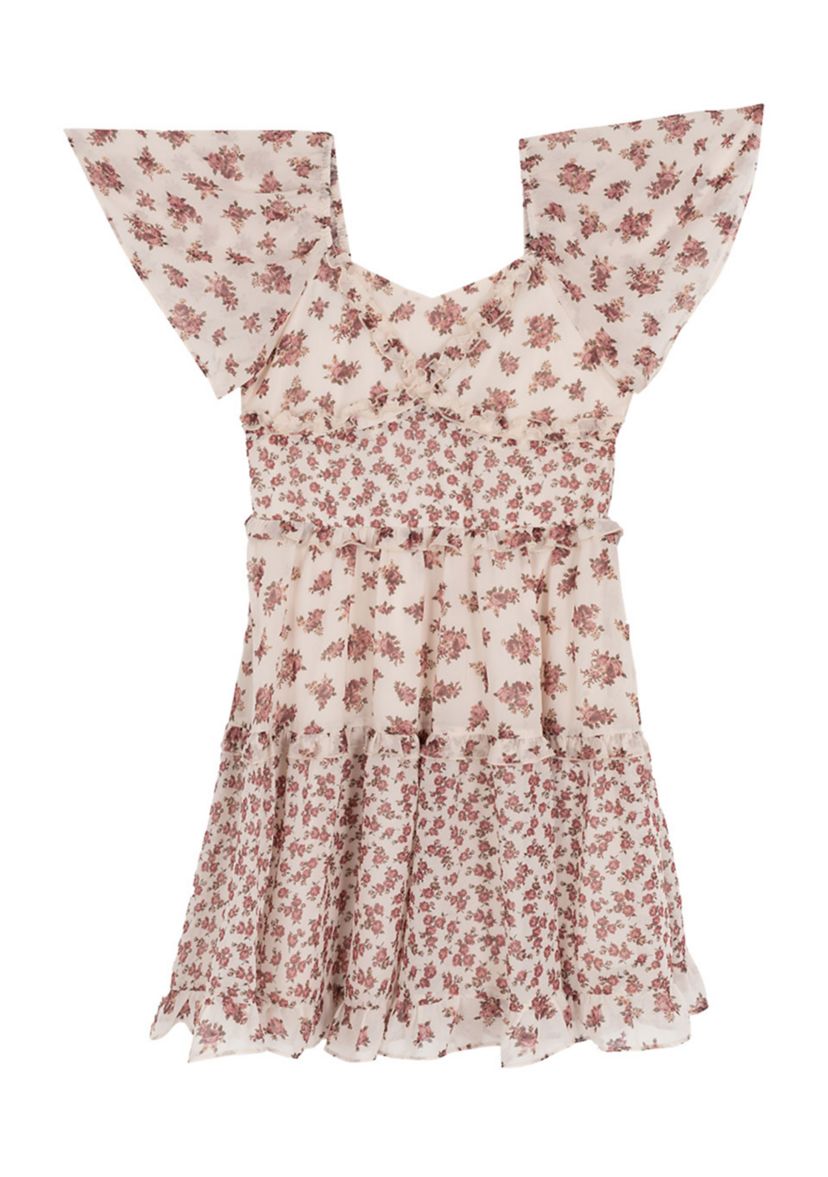 Girls 7-16 Flutter Sleeve Floral Print Tiered Drop Waist Dress