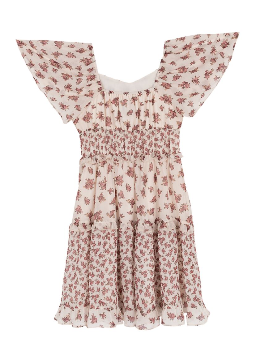 Girls 7-16 Flutter Sleeve Floral Print Tiered Drop Waist Dress