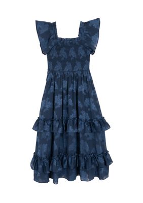 Counting Daisies Girls 7-16 Burnout Floral Ruffle Sleeve Dress, Navy Blue, 14