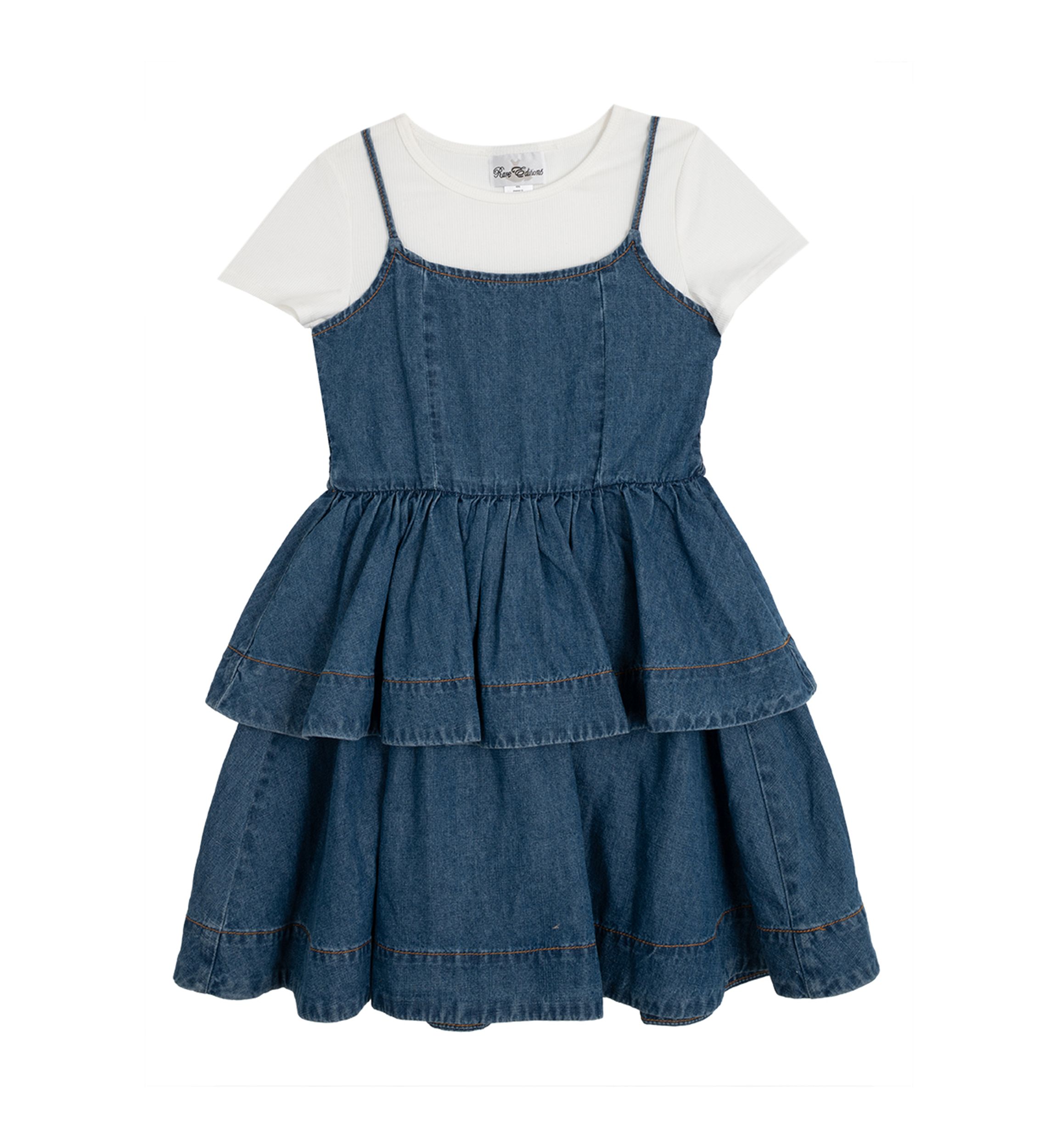 Girls 7-16 Short Sleeve Tiered Denim Jumper Dress