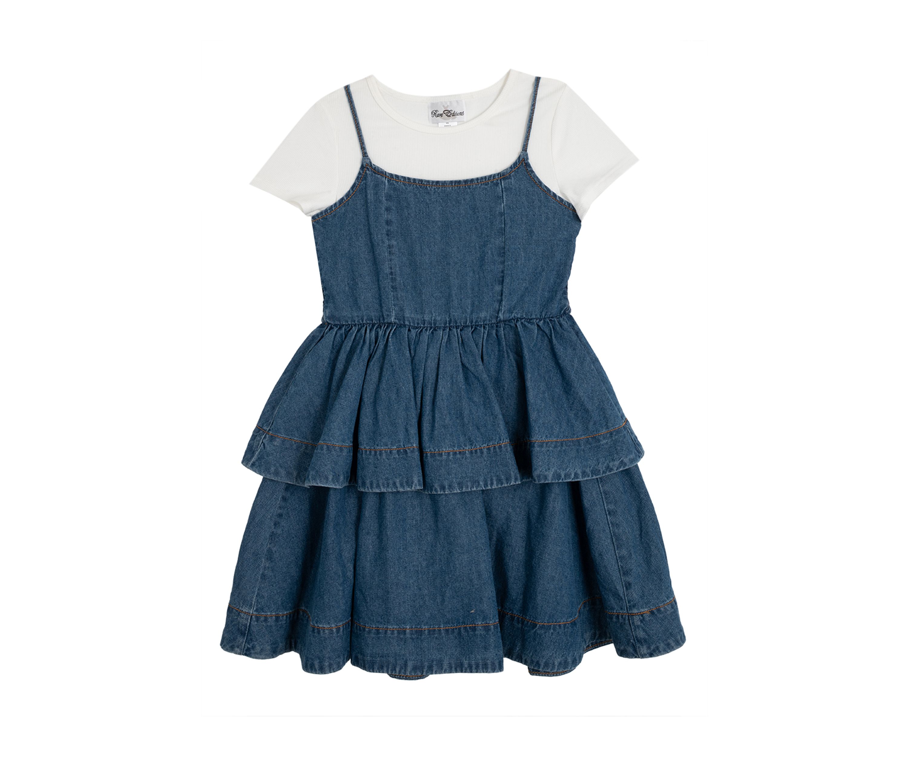 Girls 7-16 Short Sleeve Tiered Denim Jumper Dress